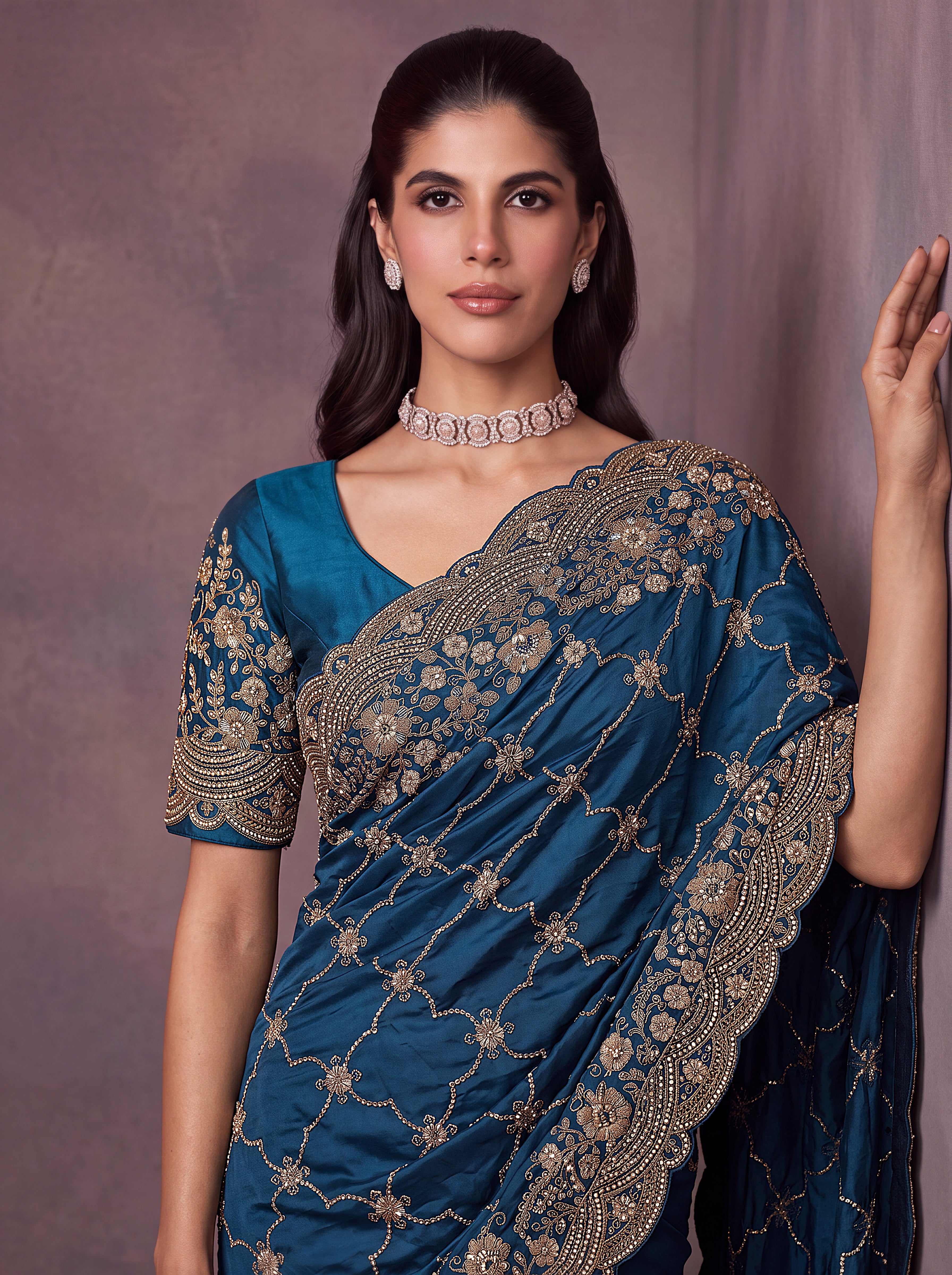 Teal Blue Designer Gold Embroidered Saree