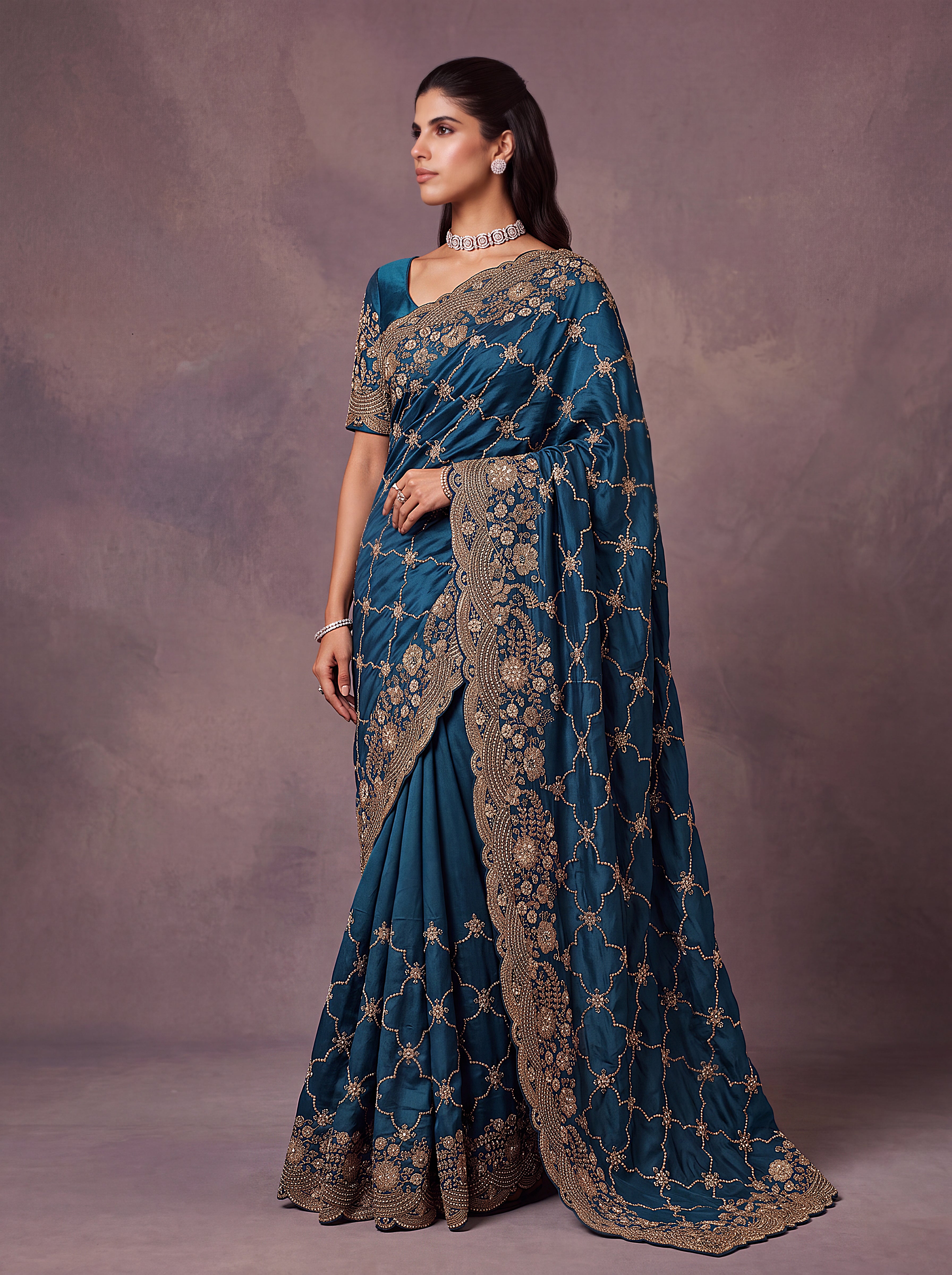 Teal Blue Designer Gold Embroidered Saree