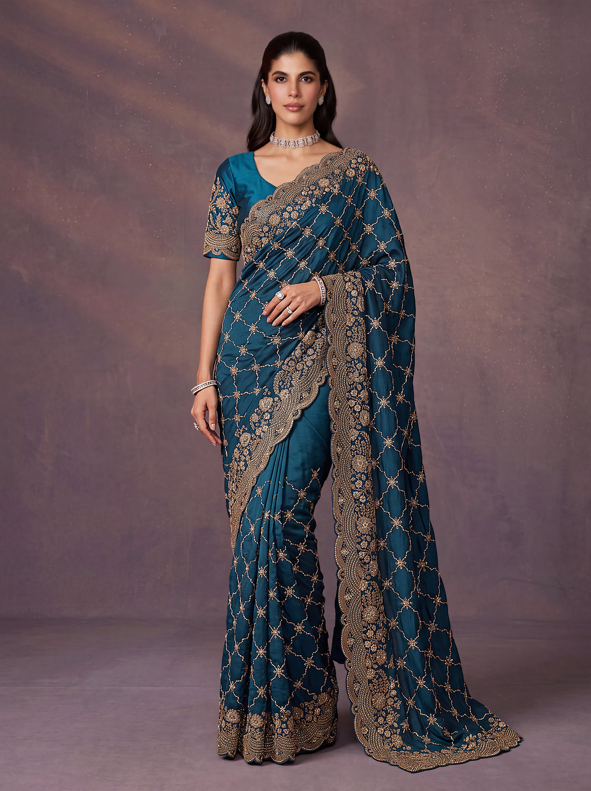 Teal Blue Designer Gold Embroidered Saree
