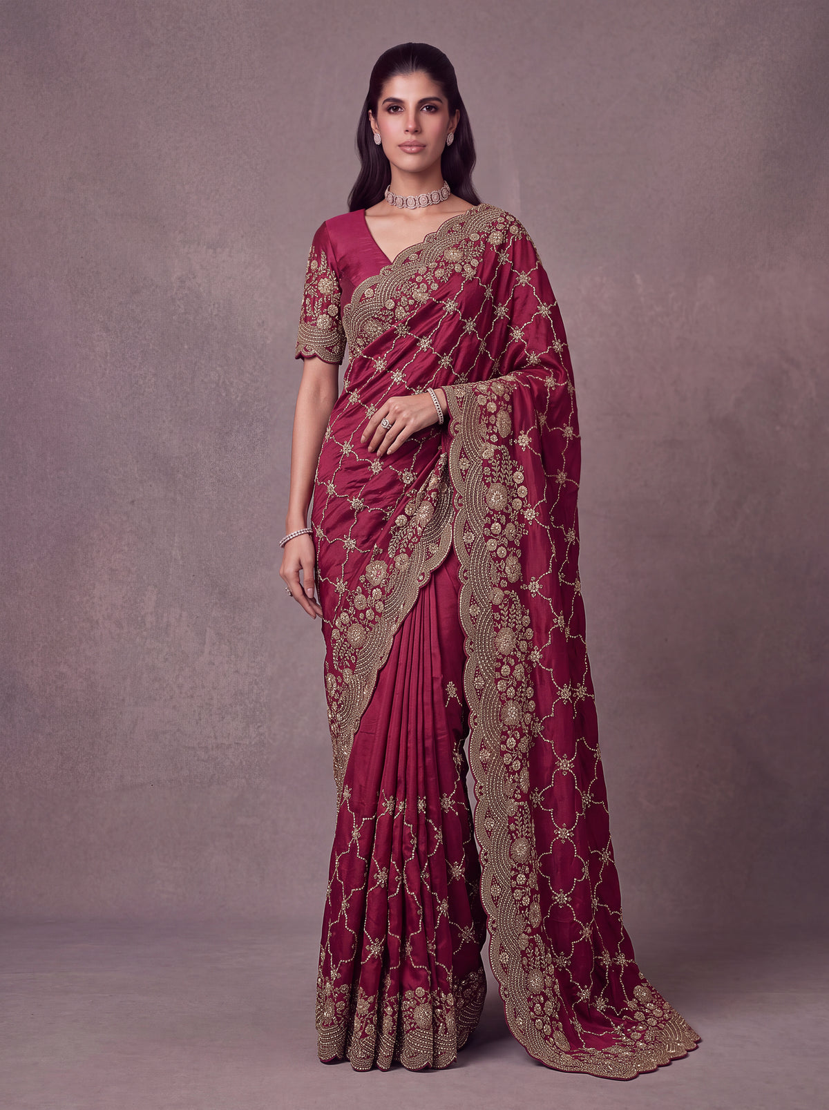 Berry Pink Heavy Embroidered Designer Saree