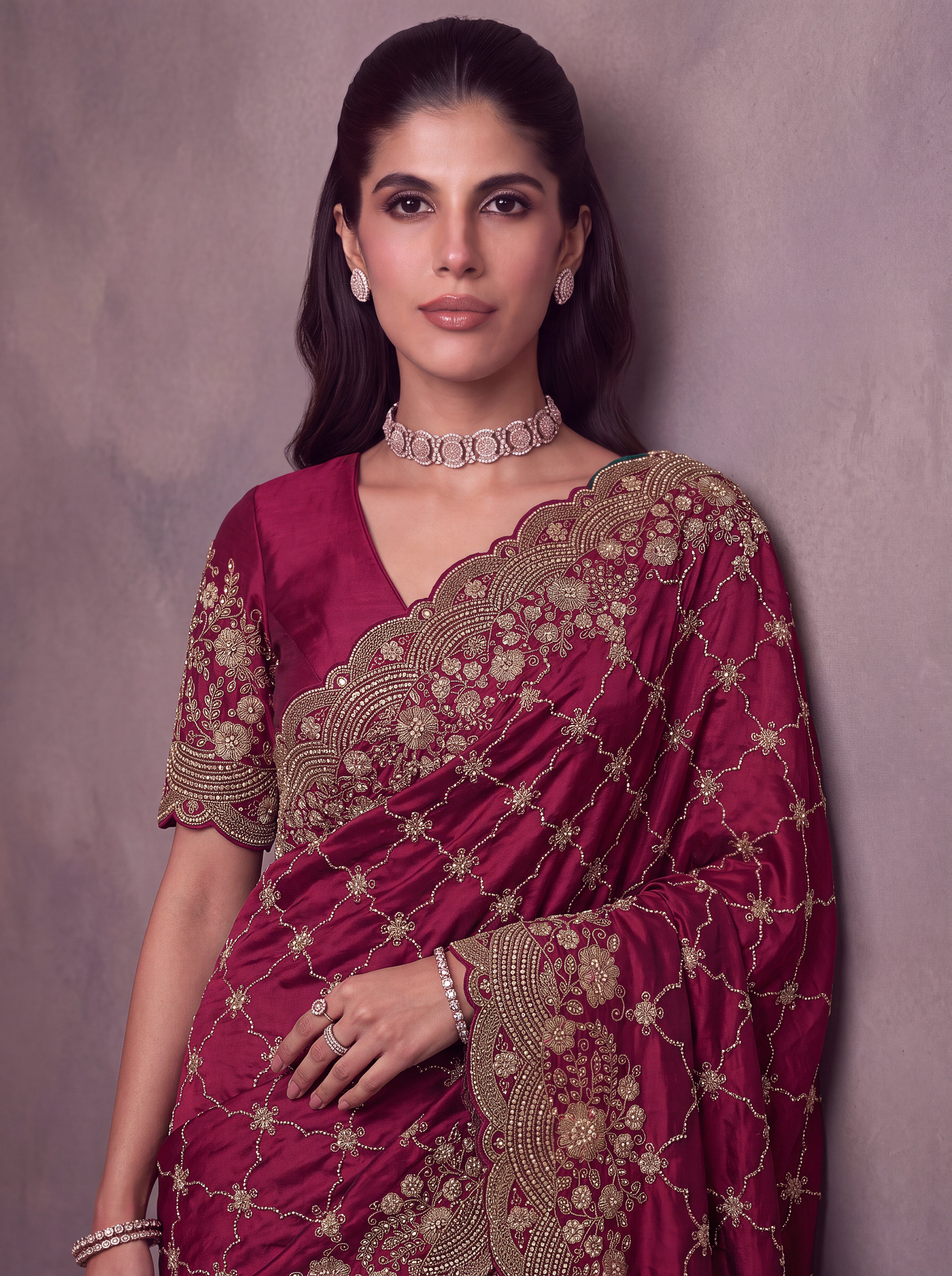 Berry Pink Heavy Embroidered Designer Saree