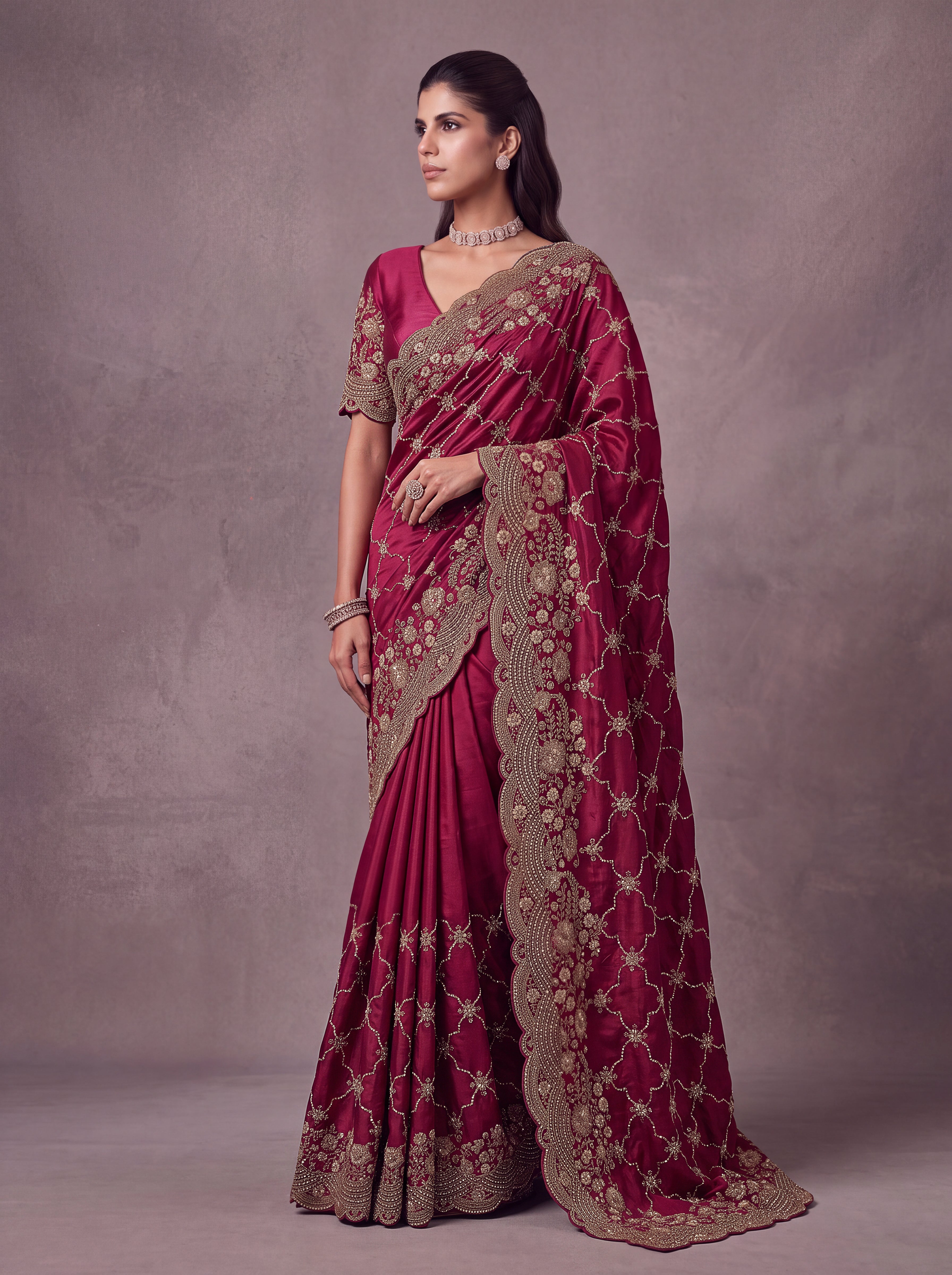 Berry Pink Heavy Embroidered Designer Saree