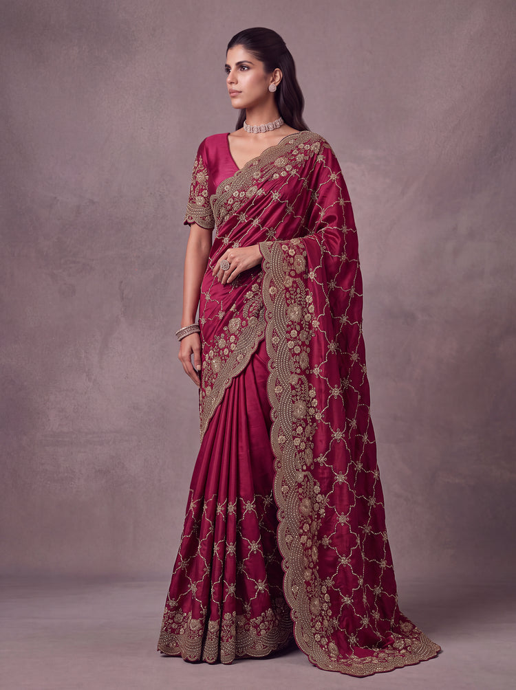 Berry Pink Heavy Embroidered Designer Saree