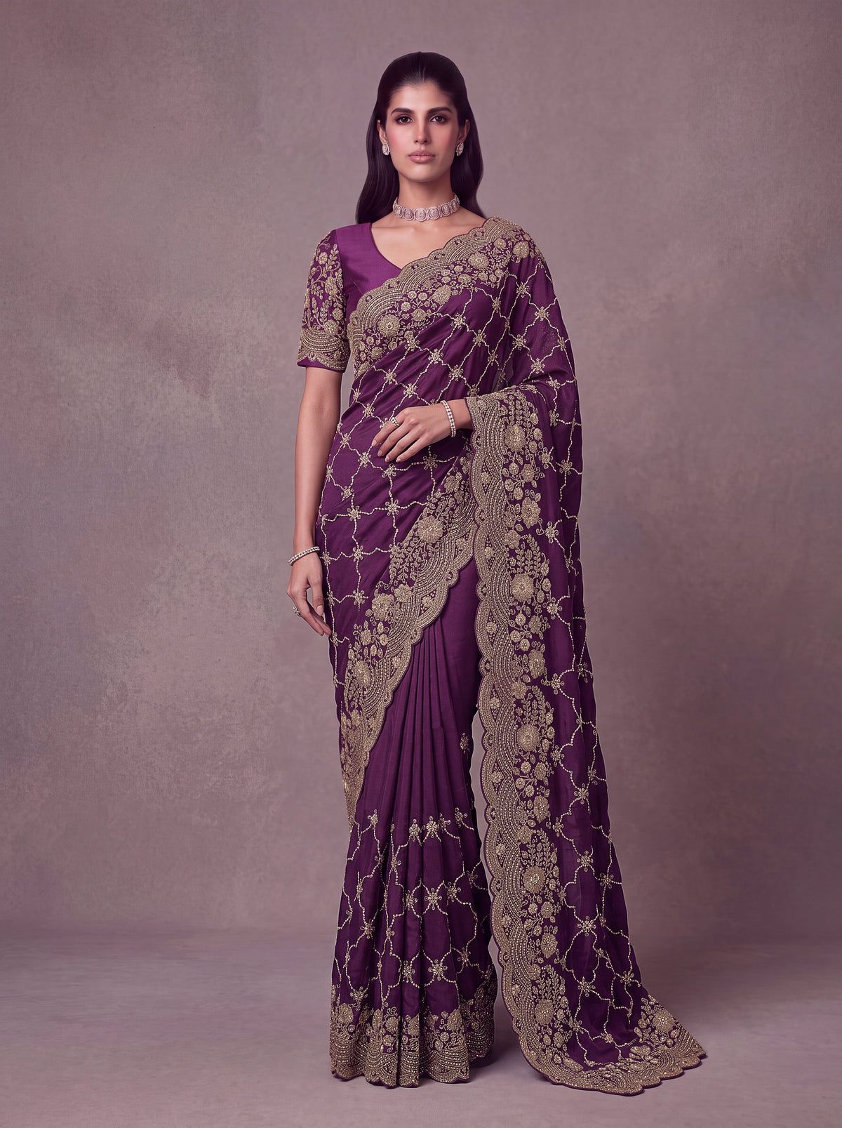 Deep Purple Designer Gold Embroidered Saree