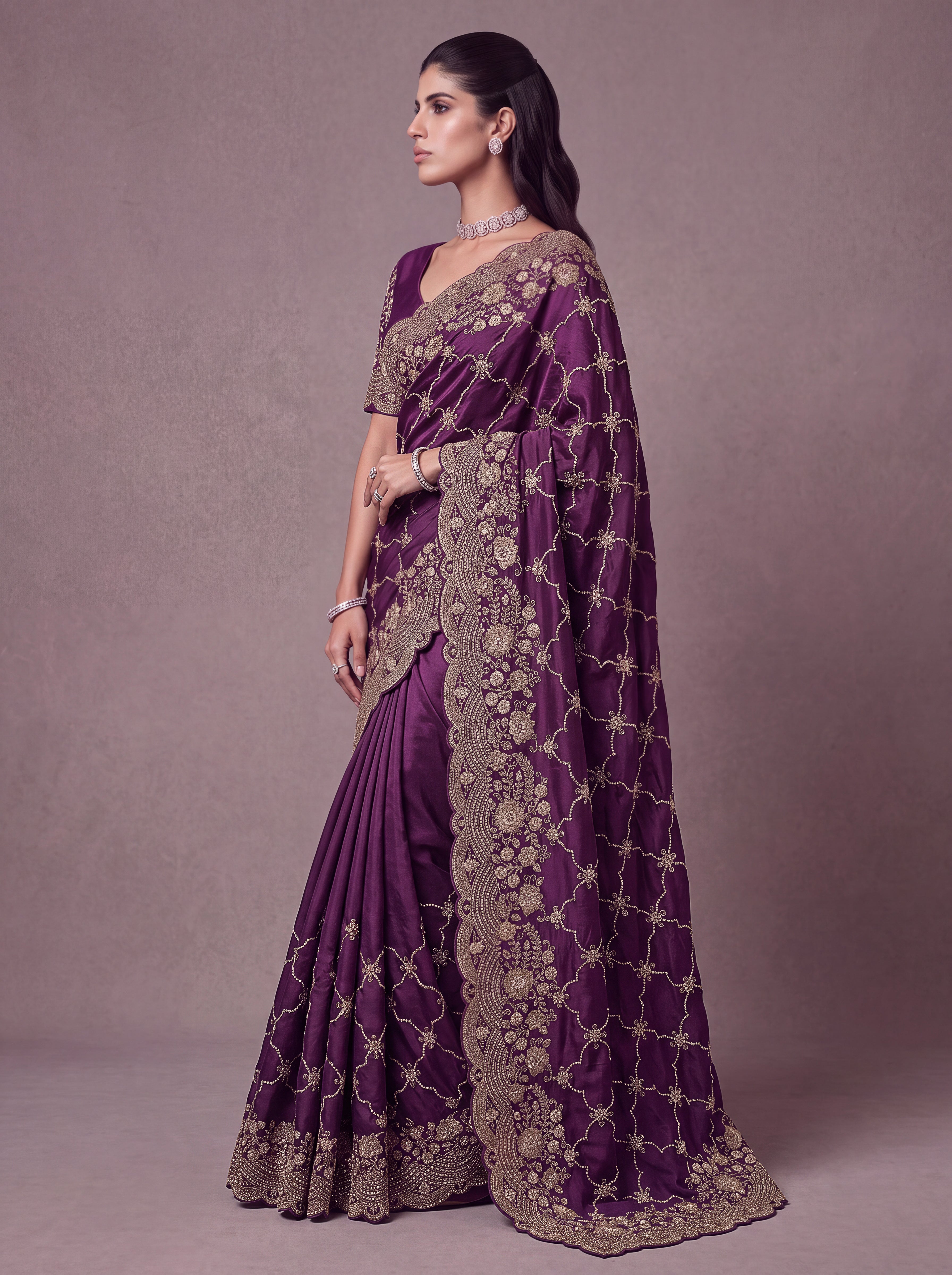 Deep Purple Designer Gold Embroidered Saree