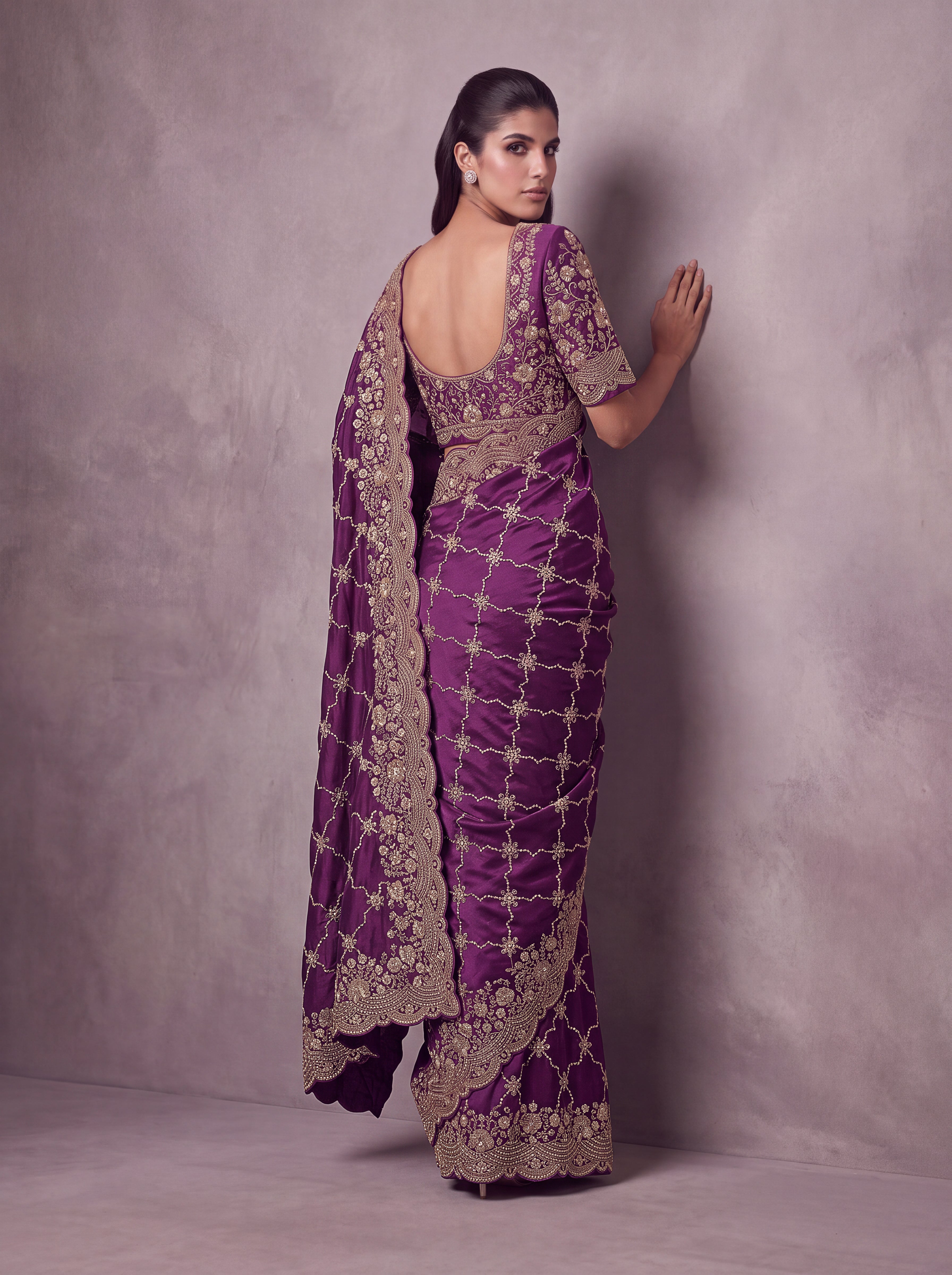 Deep Purple Designer Gold Embroidered Saree
