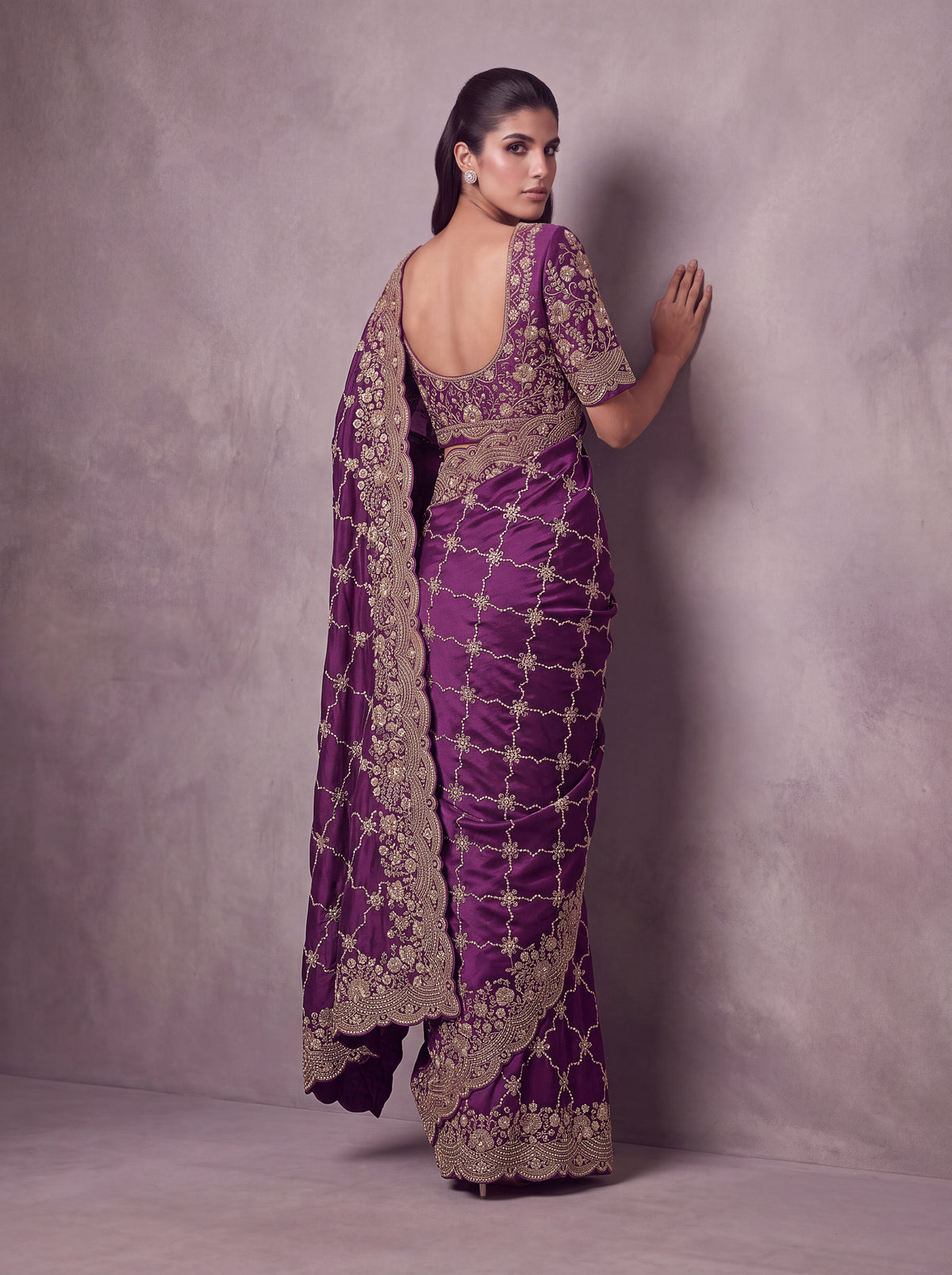 Deep Purple Designer Gold Embroidered Saree