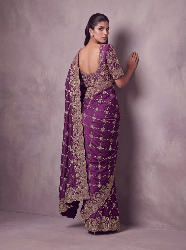 Deep Purple Designer Gold Embroidered Saree