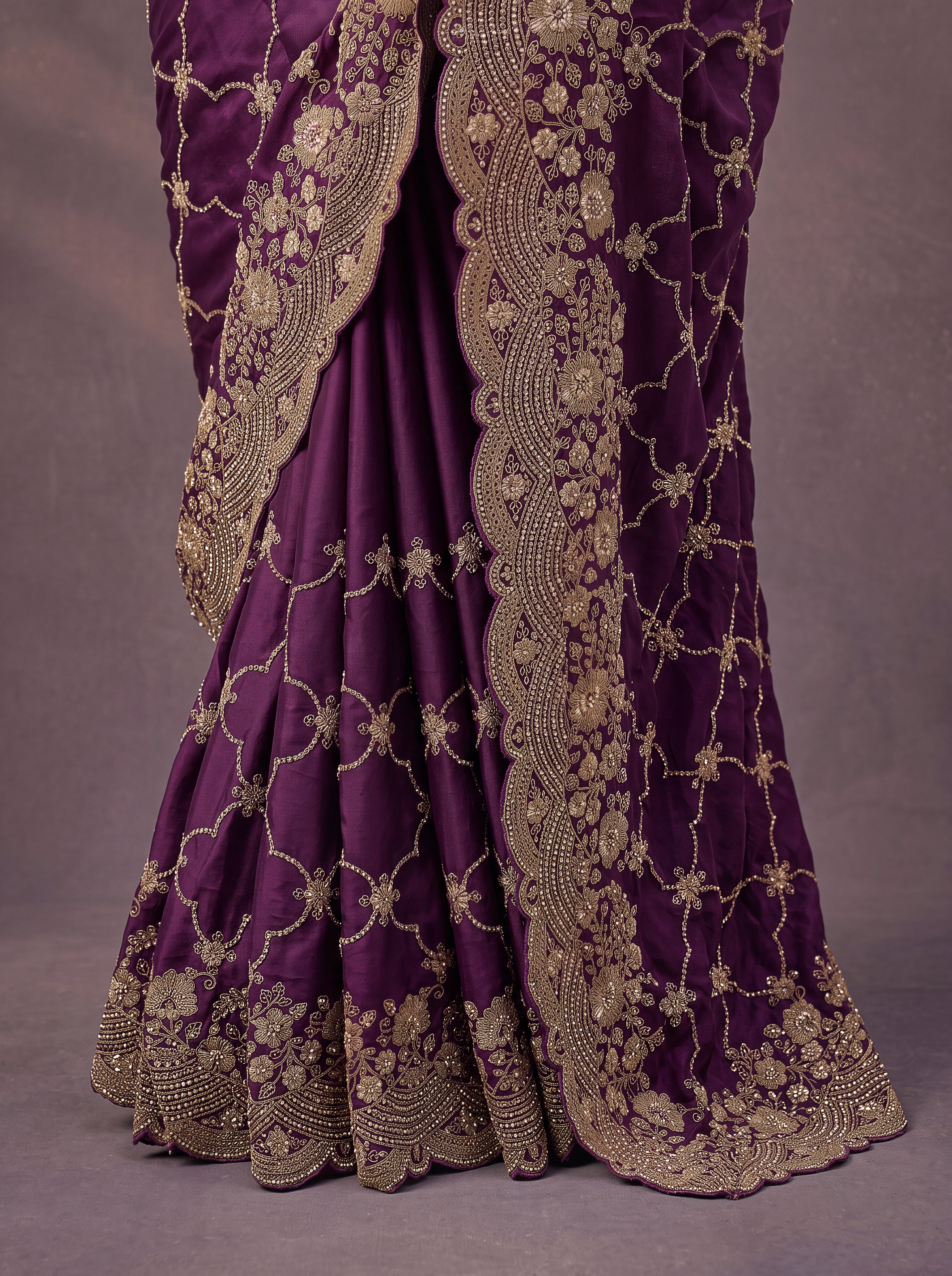 Deep Purple Designer Gold Embroidered Saree