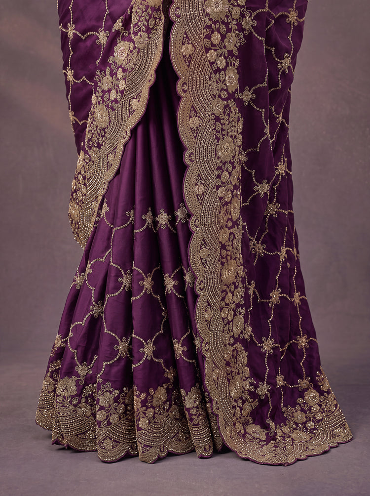 Deep Purple Designer Gold Embroidered Saree