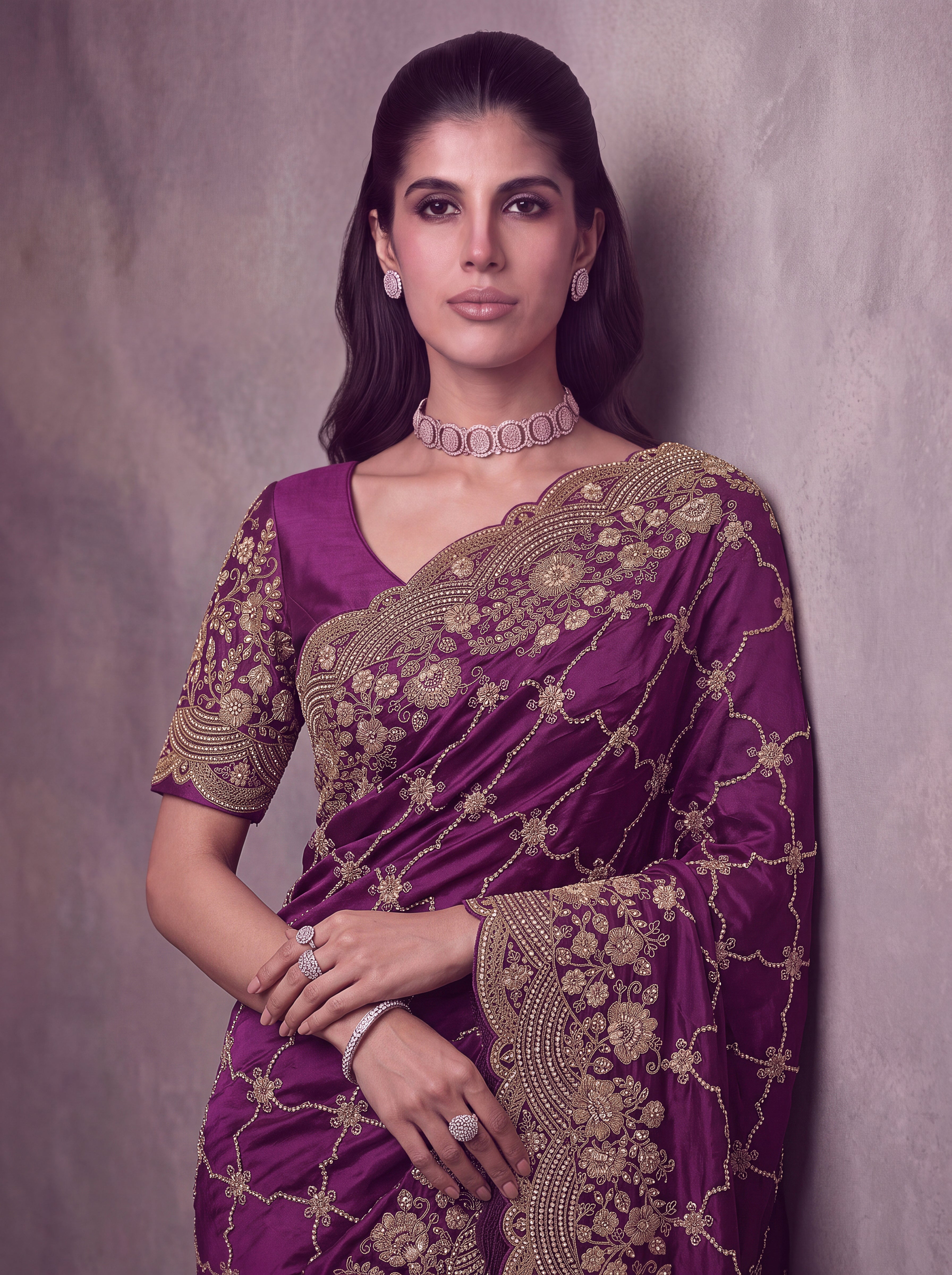 Deep Purple Designer Gold Embroidered Saree