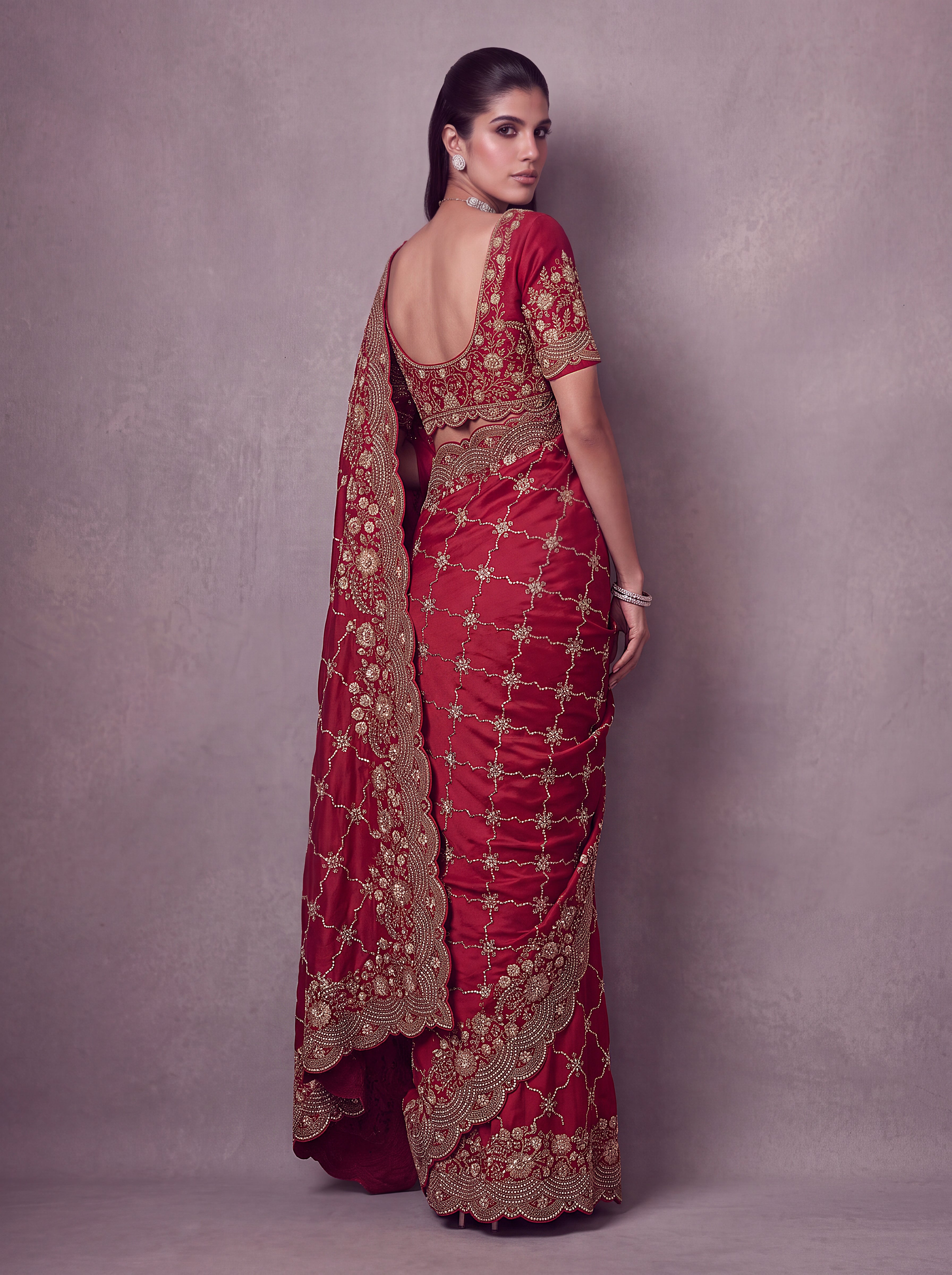 Wine Red Heavy Embroidered Designer Saree