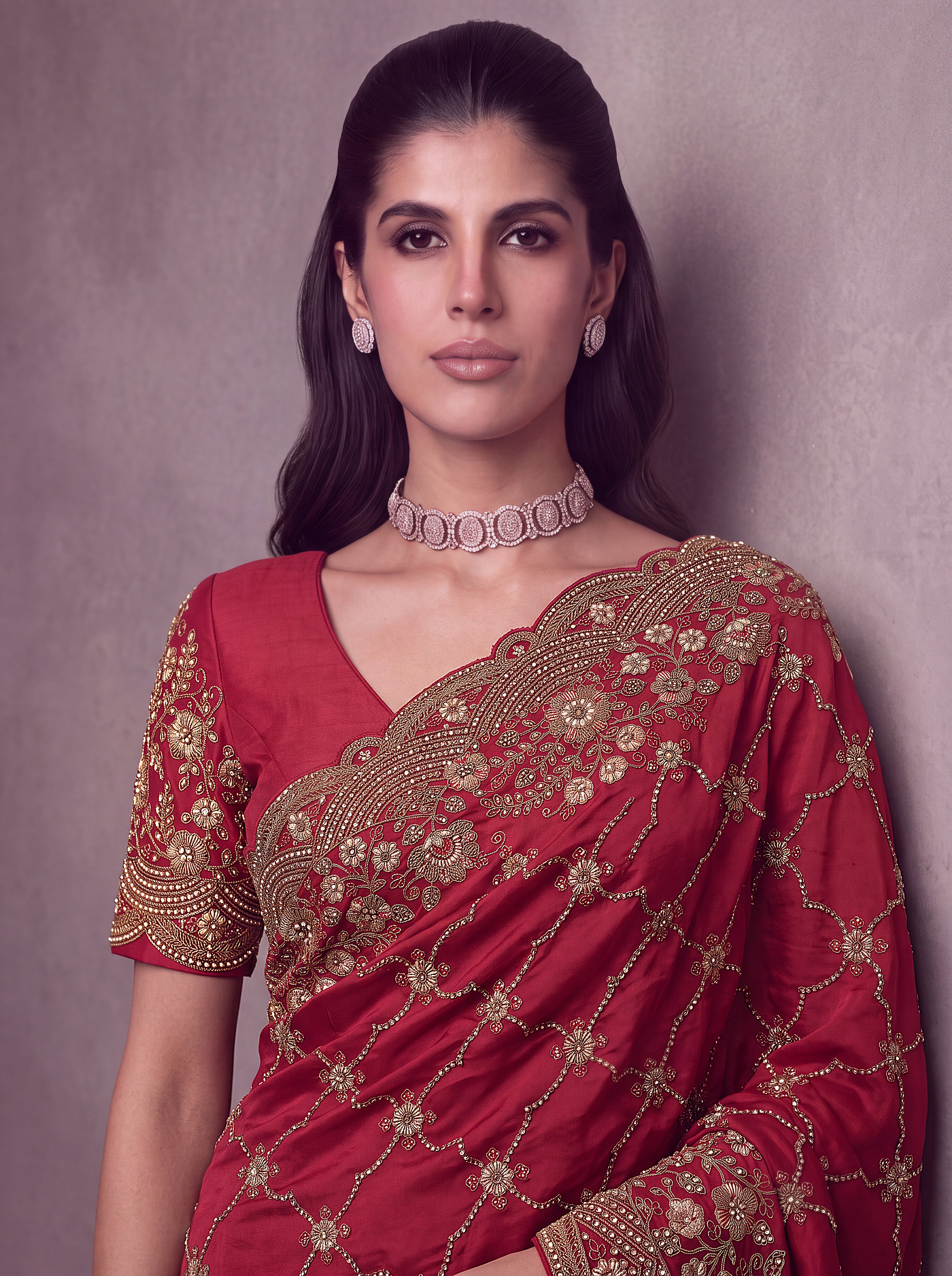 Wine Red Heavy Embroidered Designer Saree