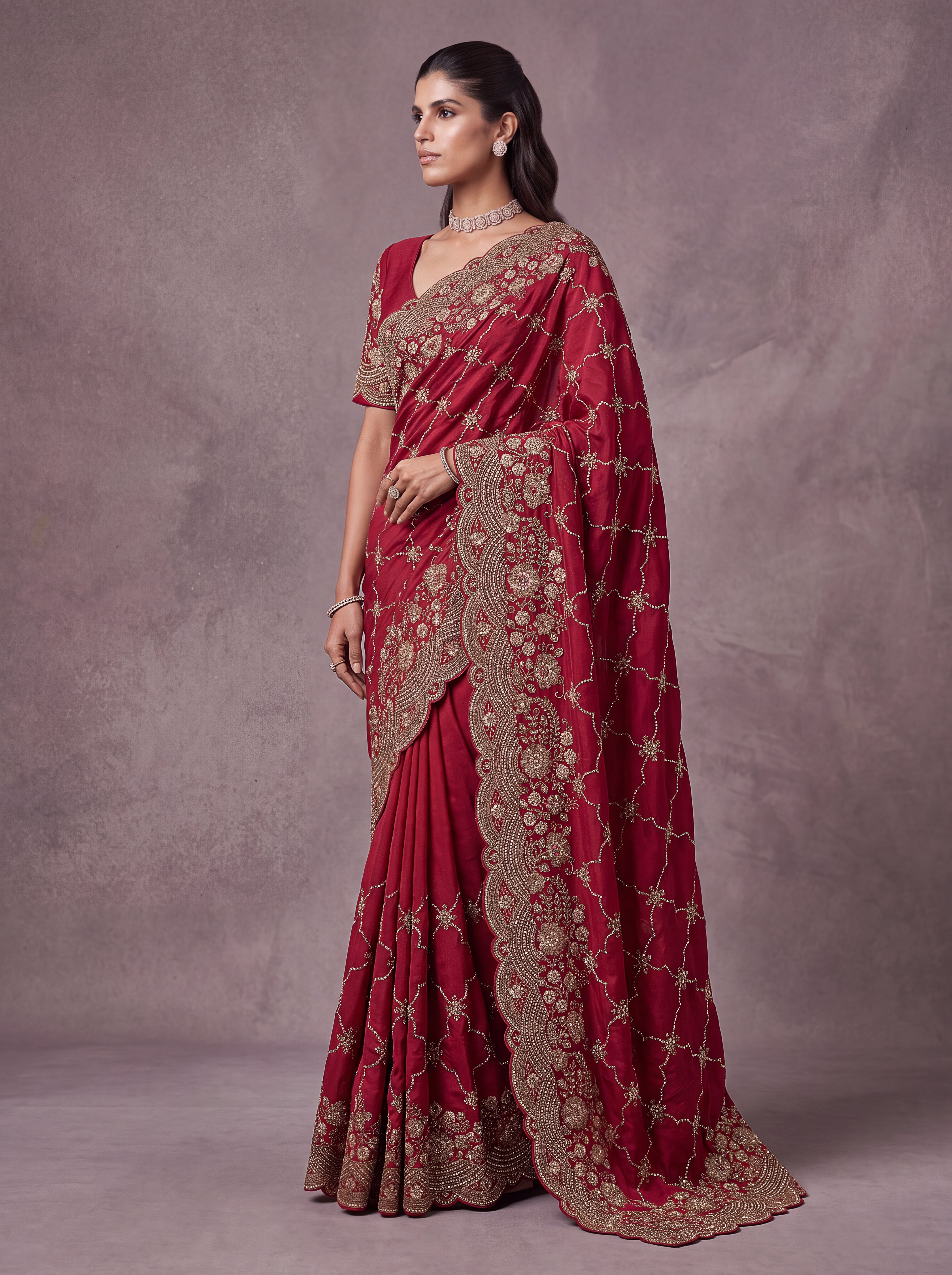 Wine Red Heavy Embroidered Designer Saree