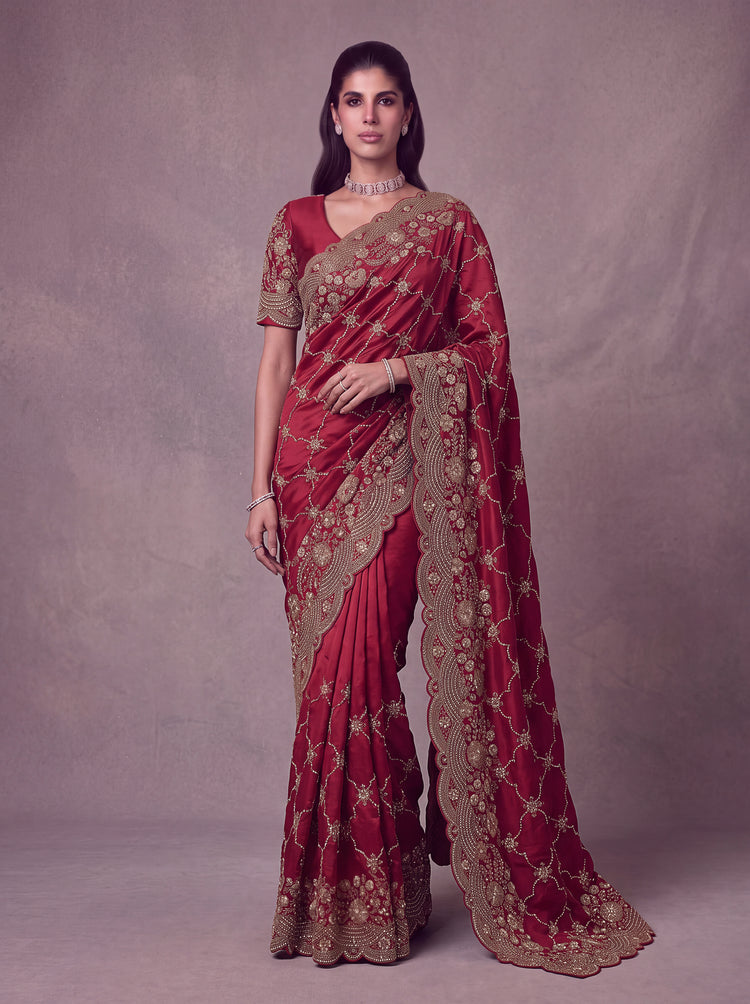 Wine Red Heavy Embroidered Designer Saree