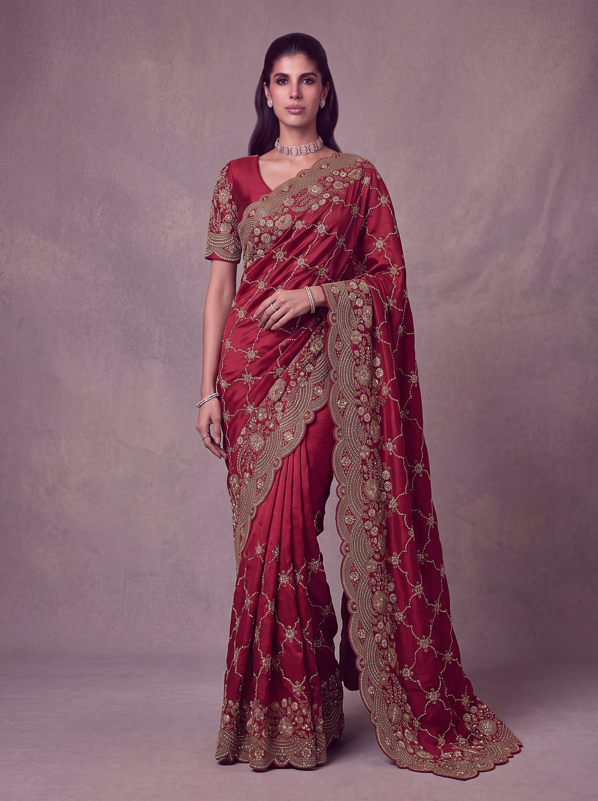 Wine Red Heavy Embroidered Designer Saree