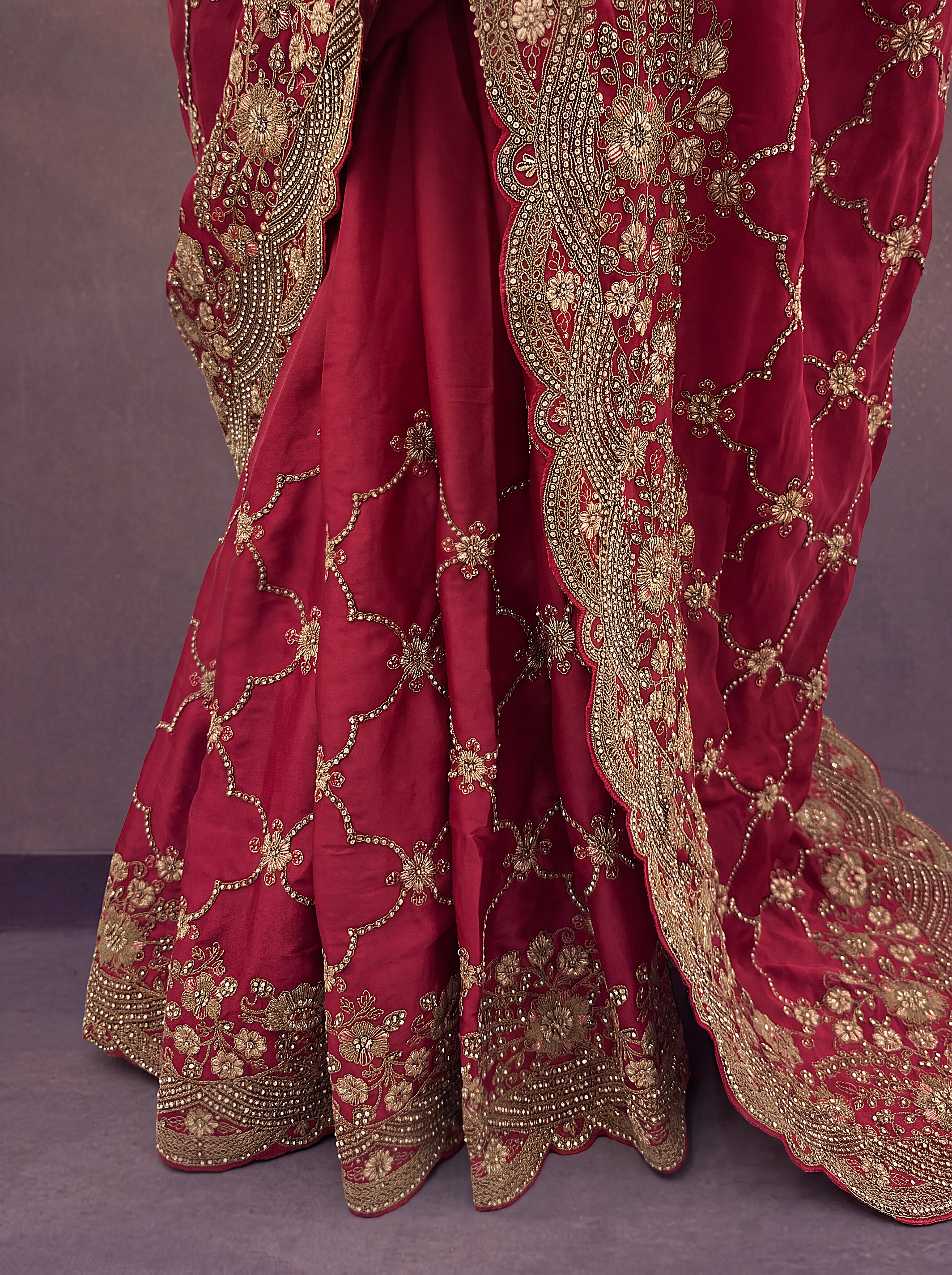Wine Red Heavy Embroidered Designer Saree