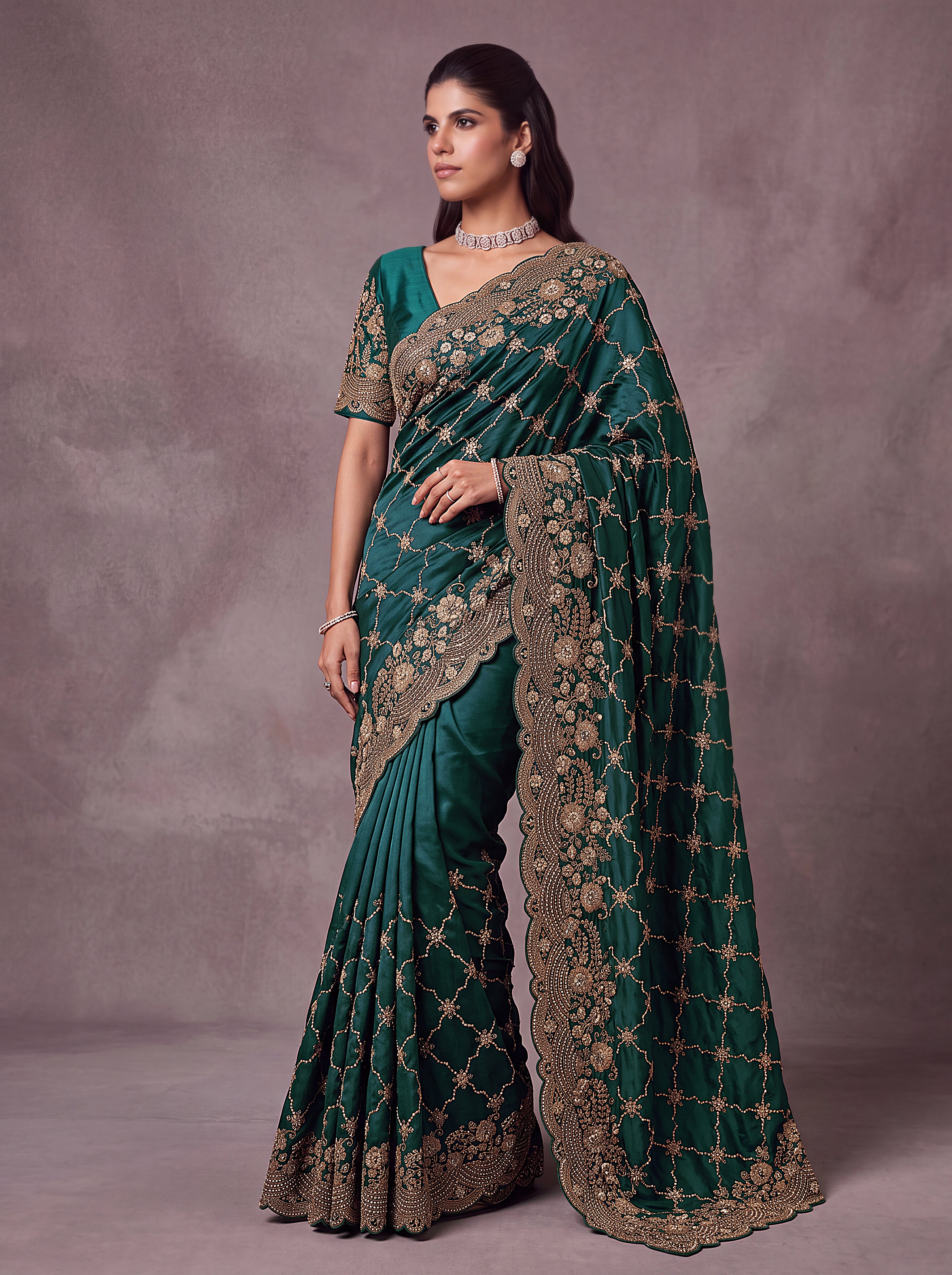 Emerald Green Designer Embroidered Saree