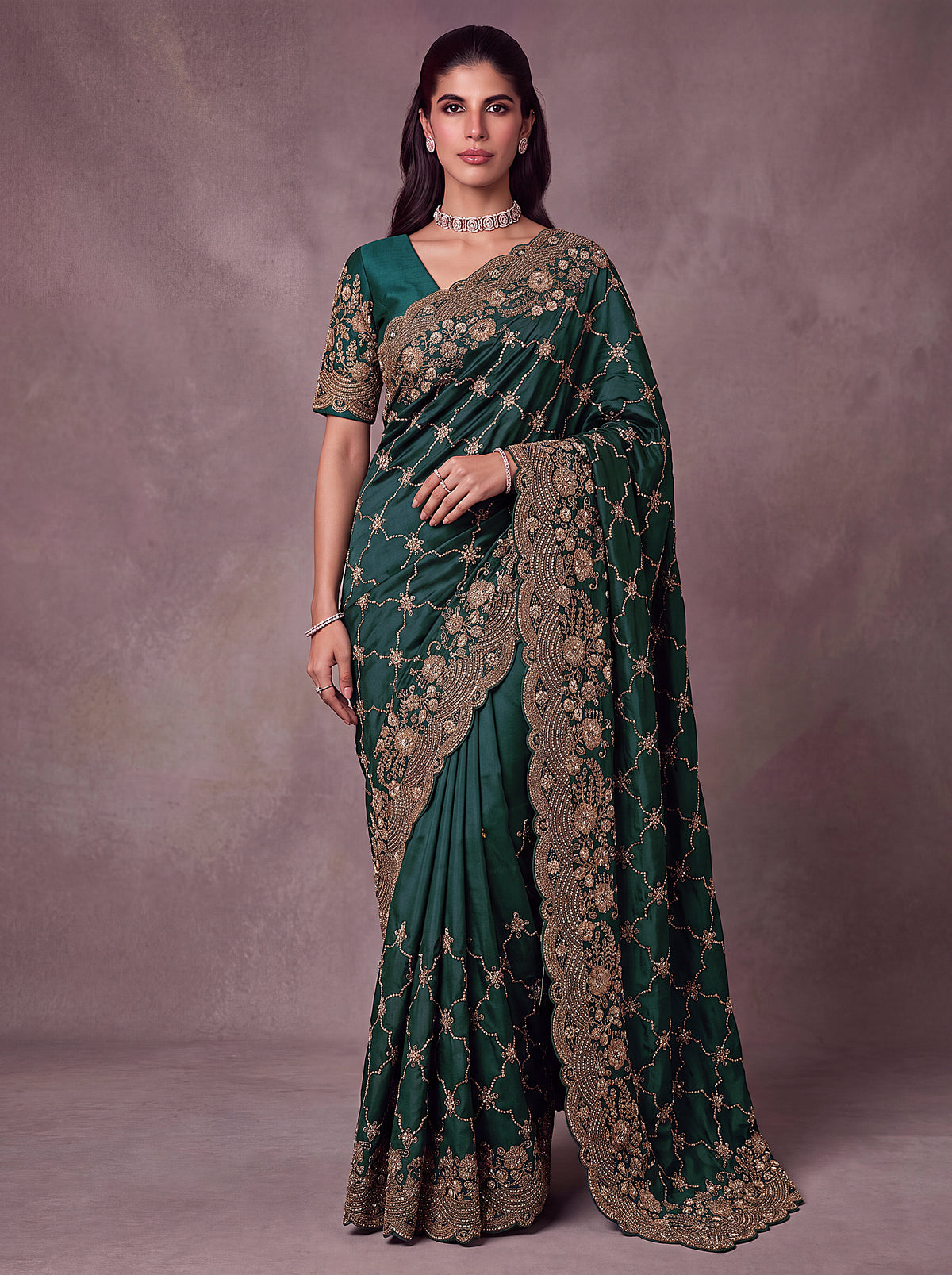 Emerald Green Designer Embroidered Saree