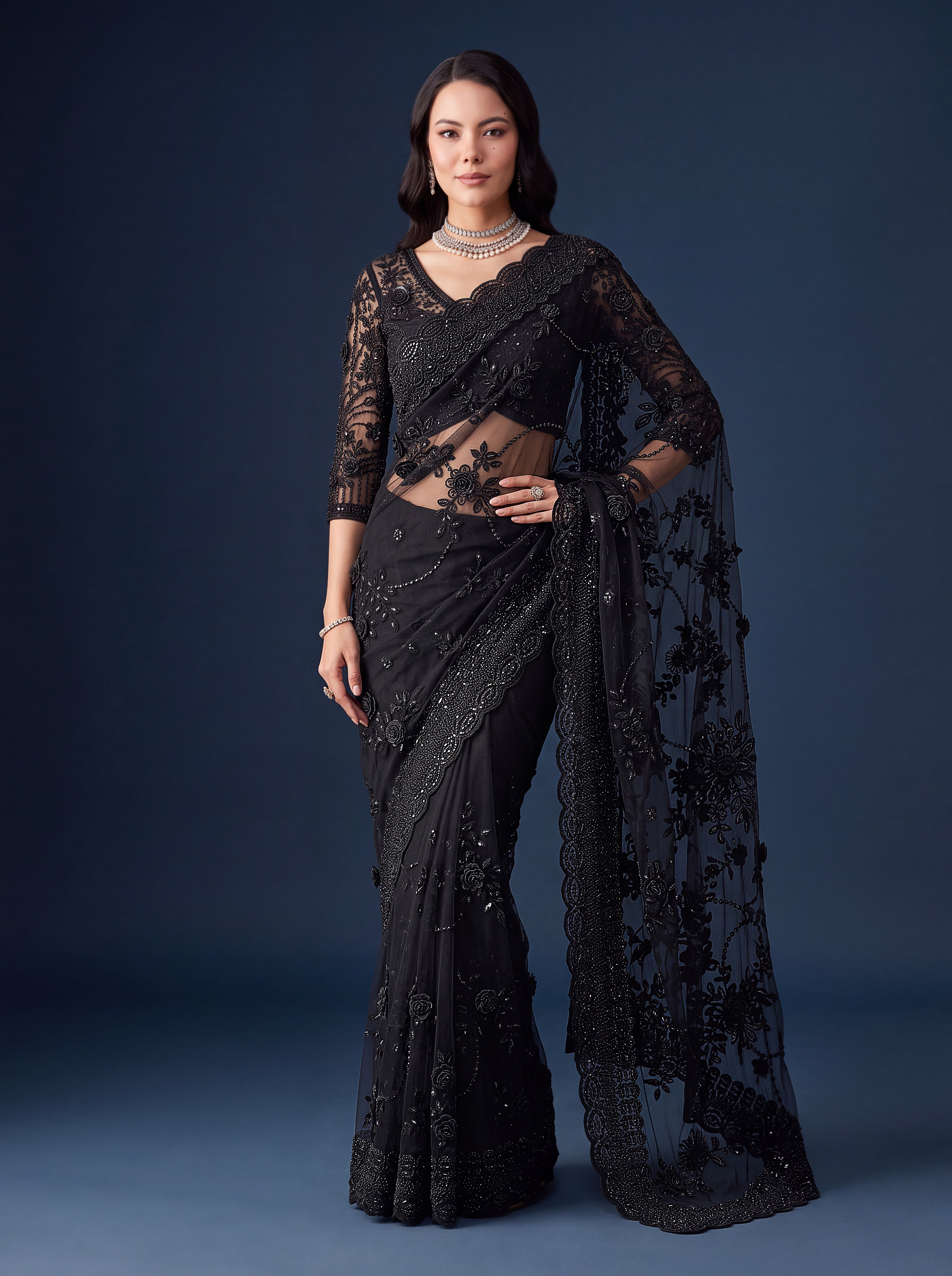 Black Premium Net Designer Saree