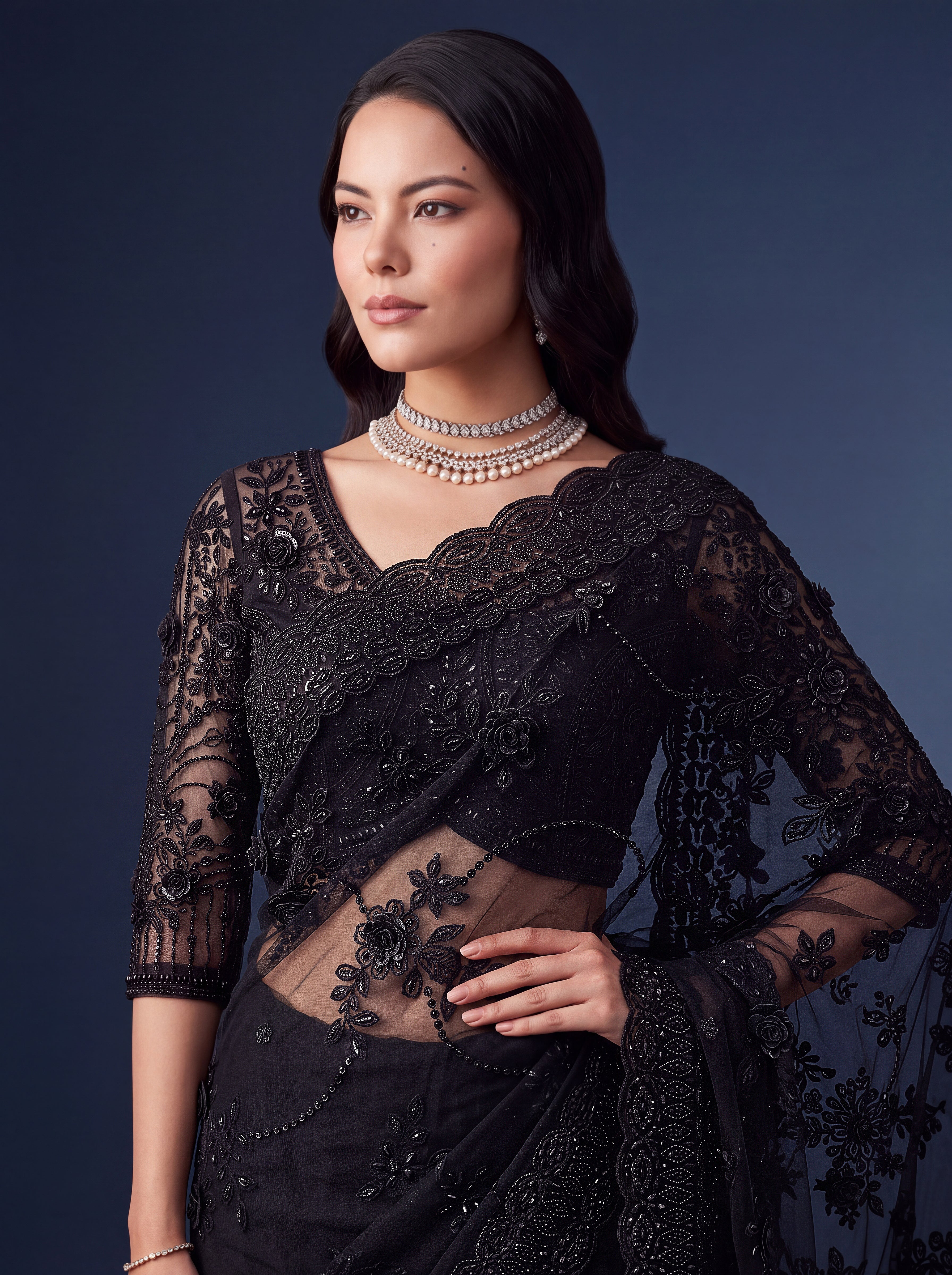 Black Premium Net Designer Saree