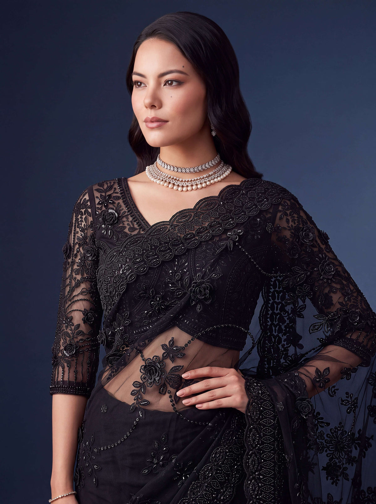 Black Premium Net Designer Saree