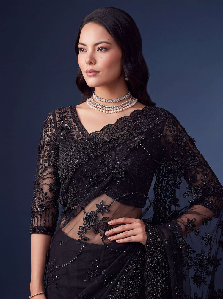 Black Premium Net Designer Saree