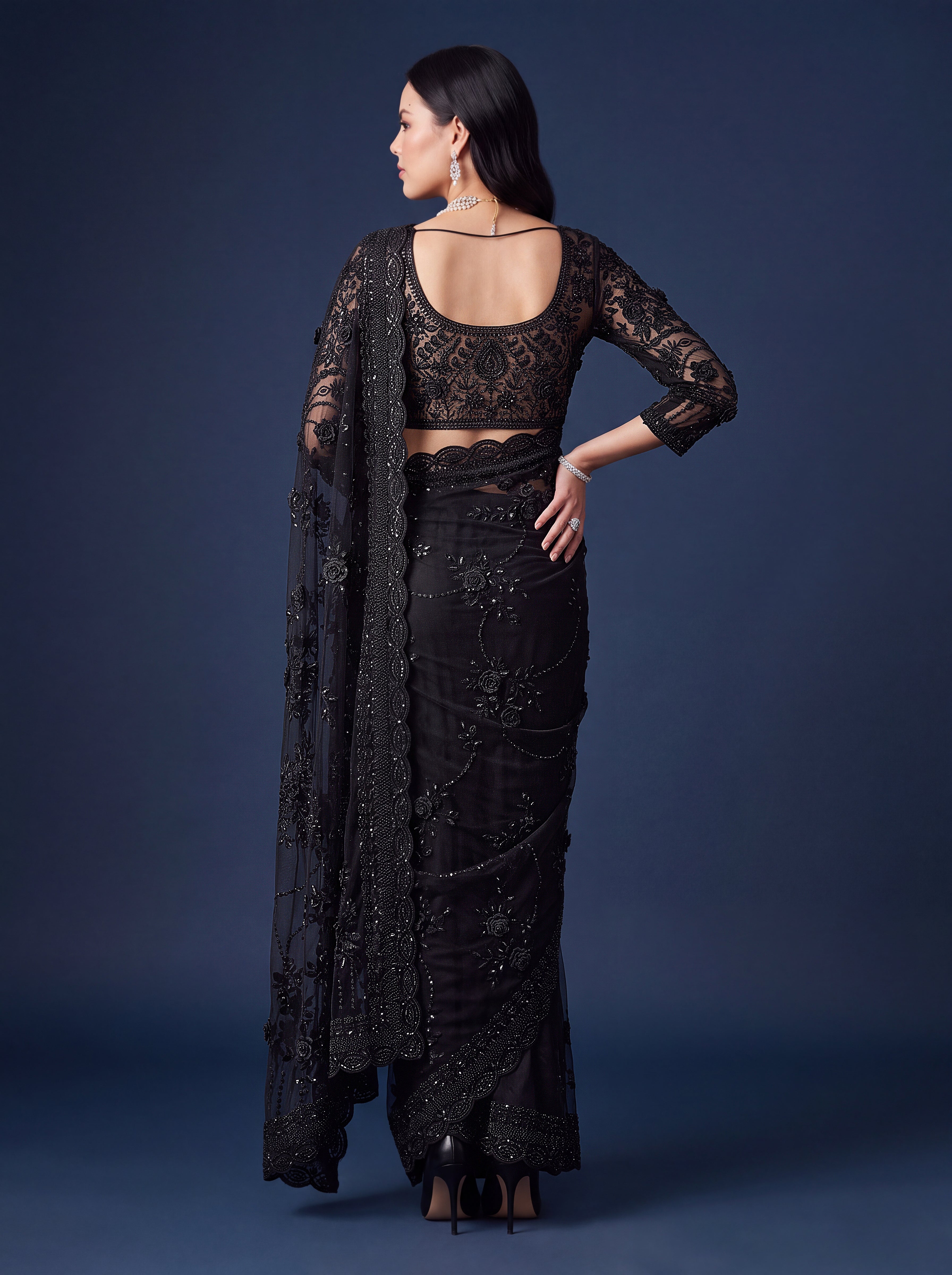 Black Premium Net Designer Saree