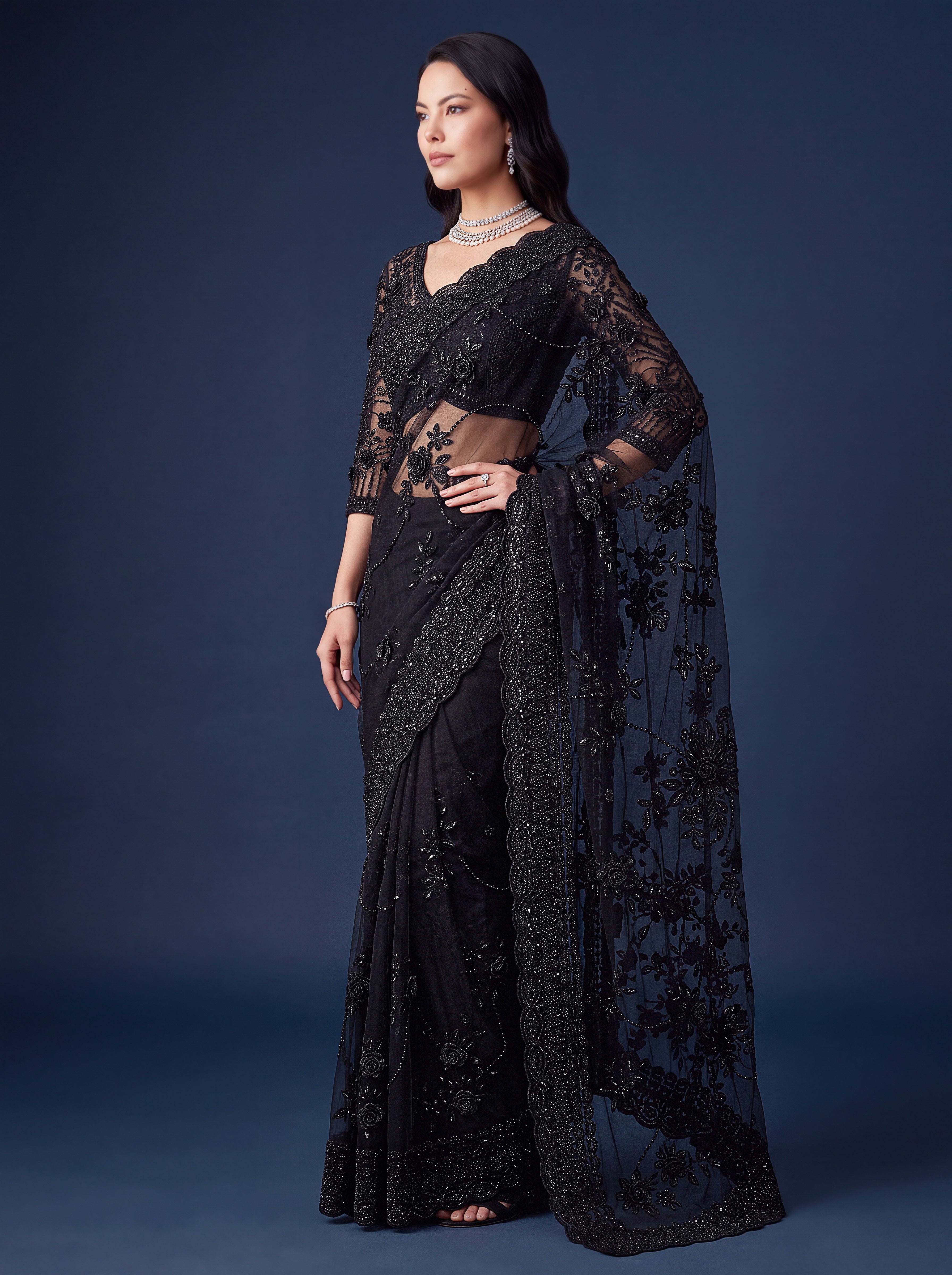 Black Premium Net Designer Saree