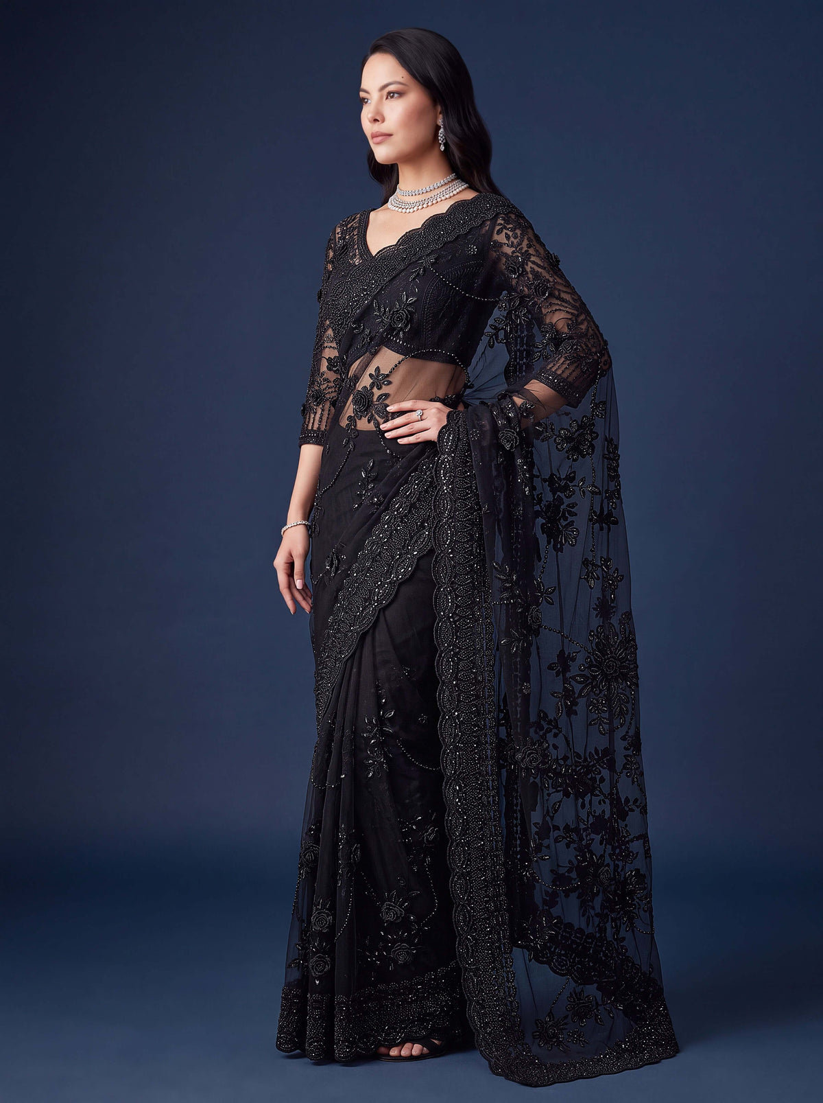 Black Premium Net Designer Saree