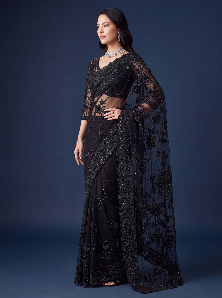 Black Premium Net Designer Saree