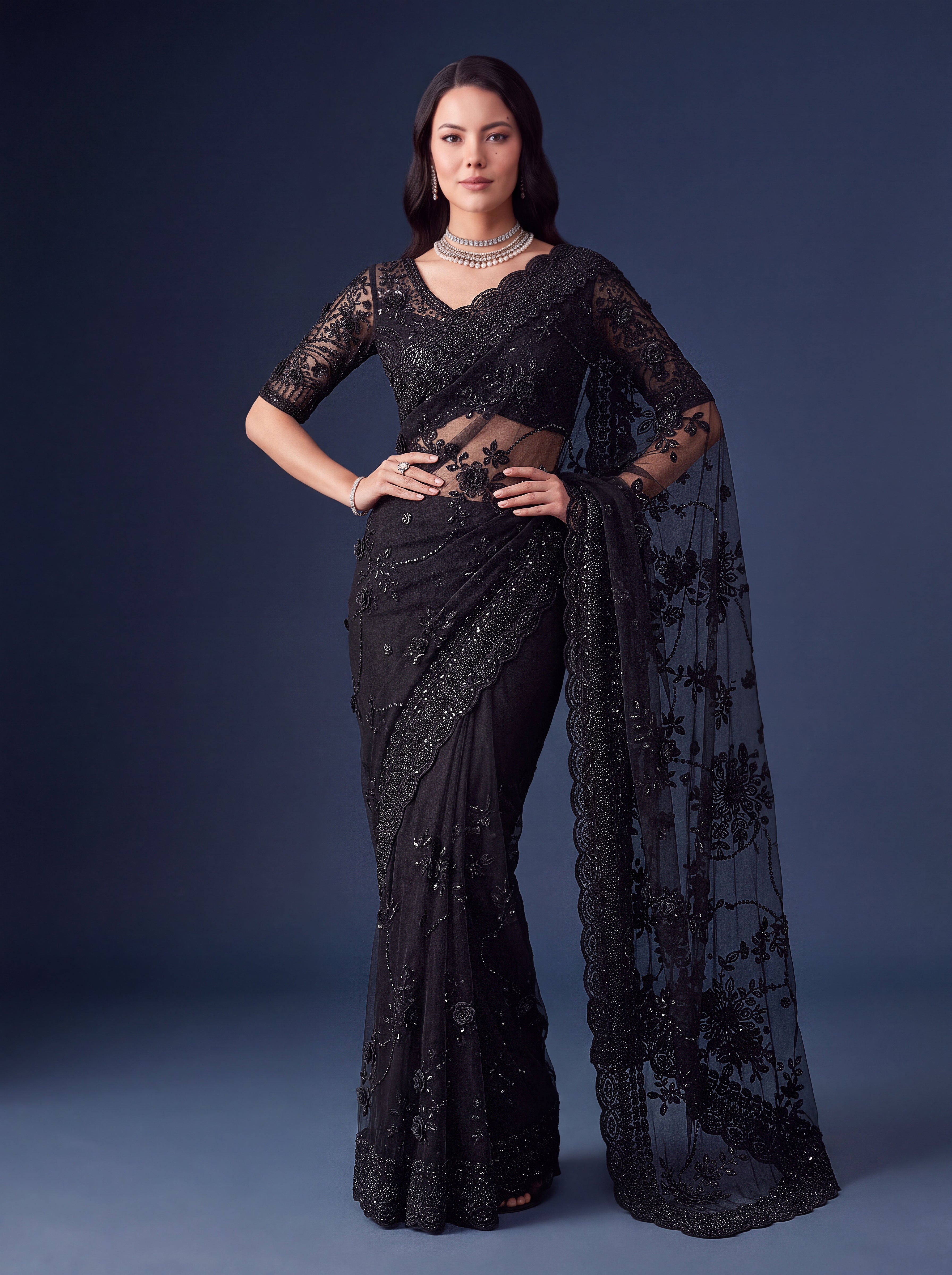 Black Premium Net Designer Saree
