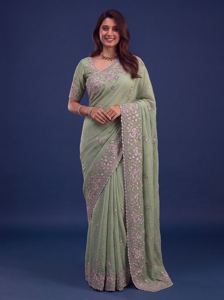 Sage Green Designer Wedding Saree for Women, photo 3
