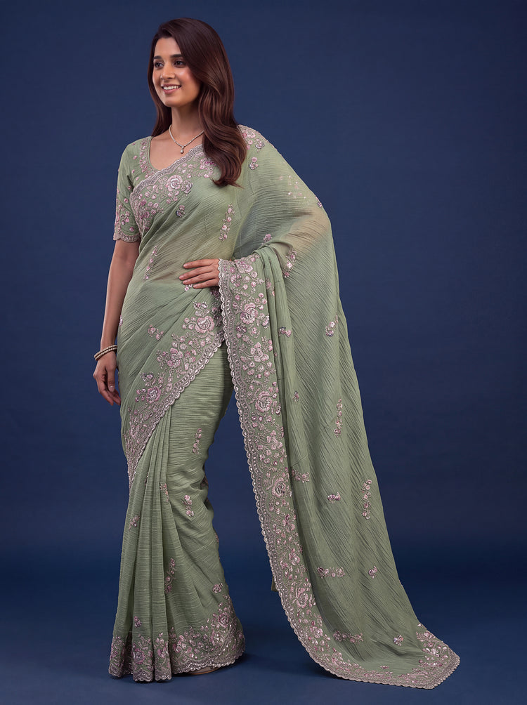 Sage Green Designer Wedding Saree for Women, photo 4