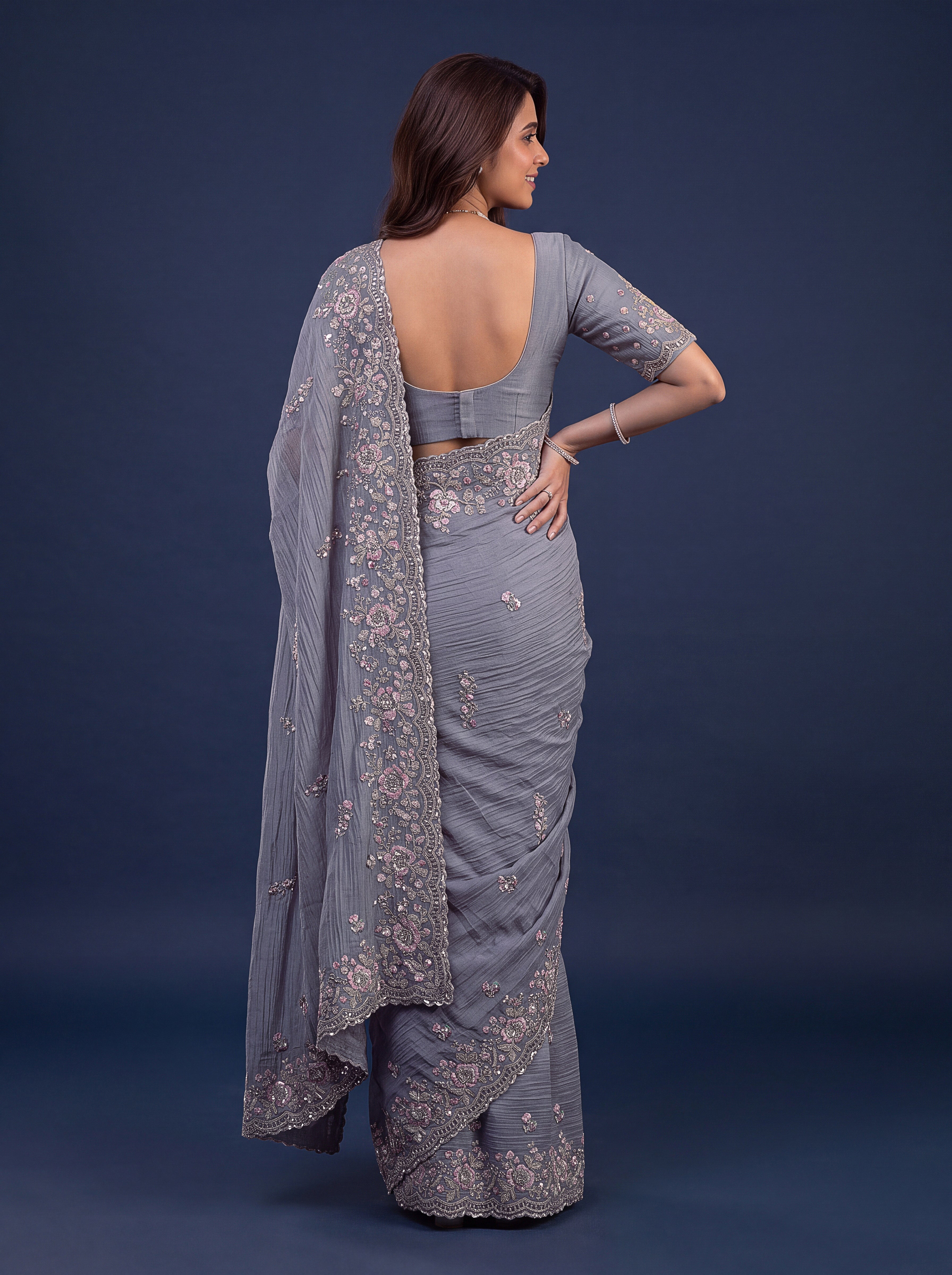 Silver Grey Designer Wedding Saree
