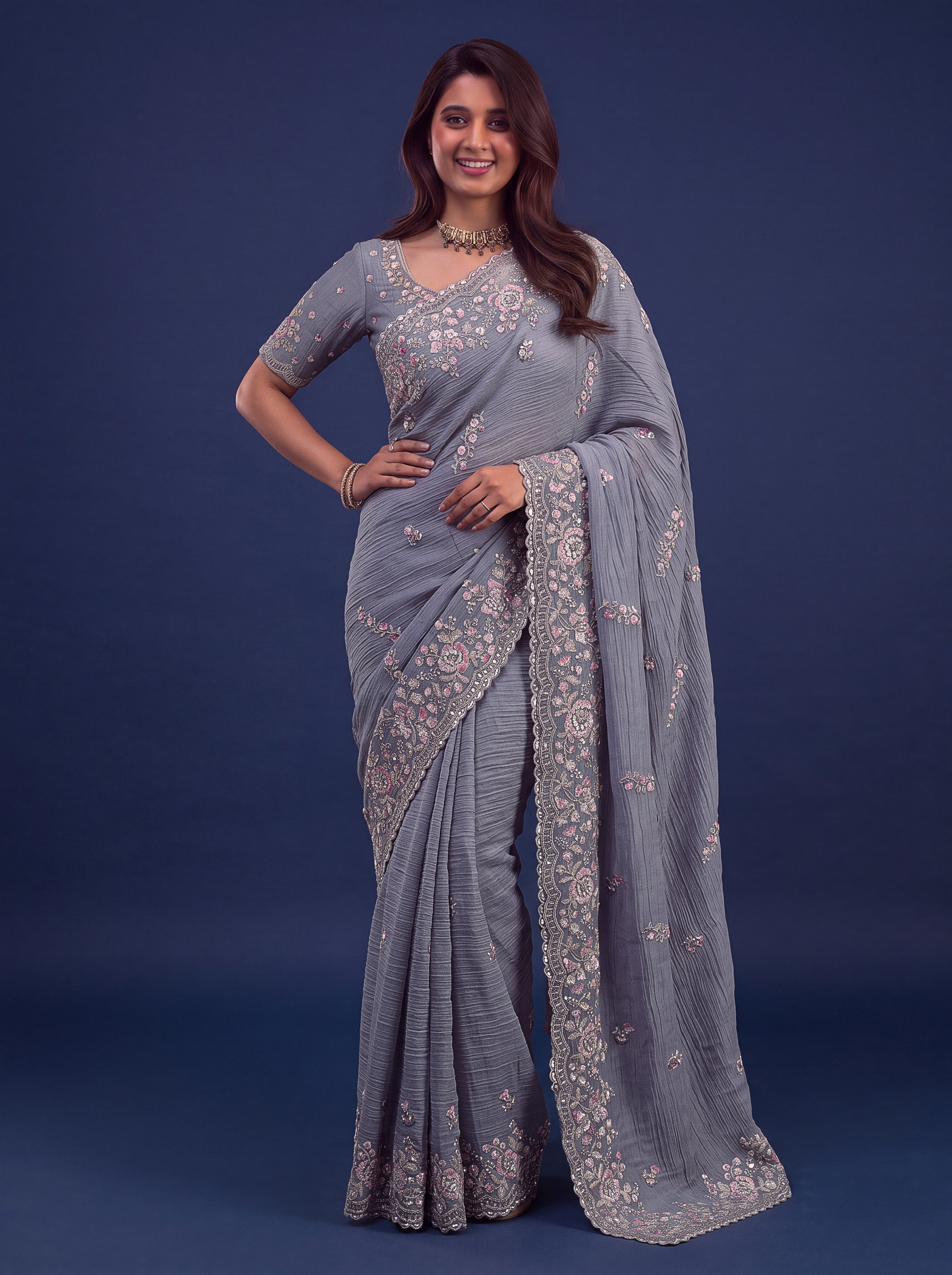 Silver Grey Designer Wedding Saree