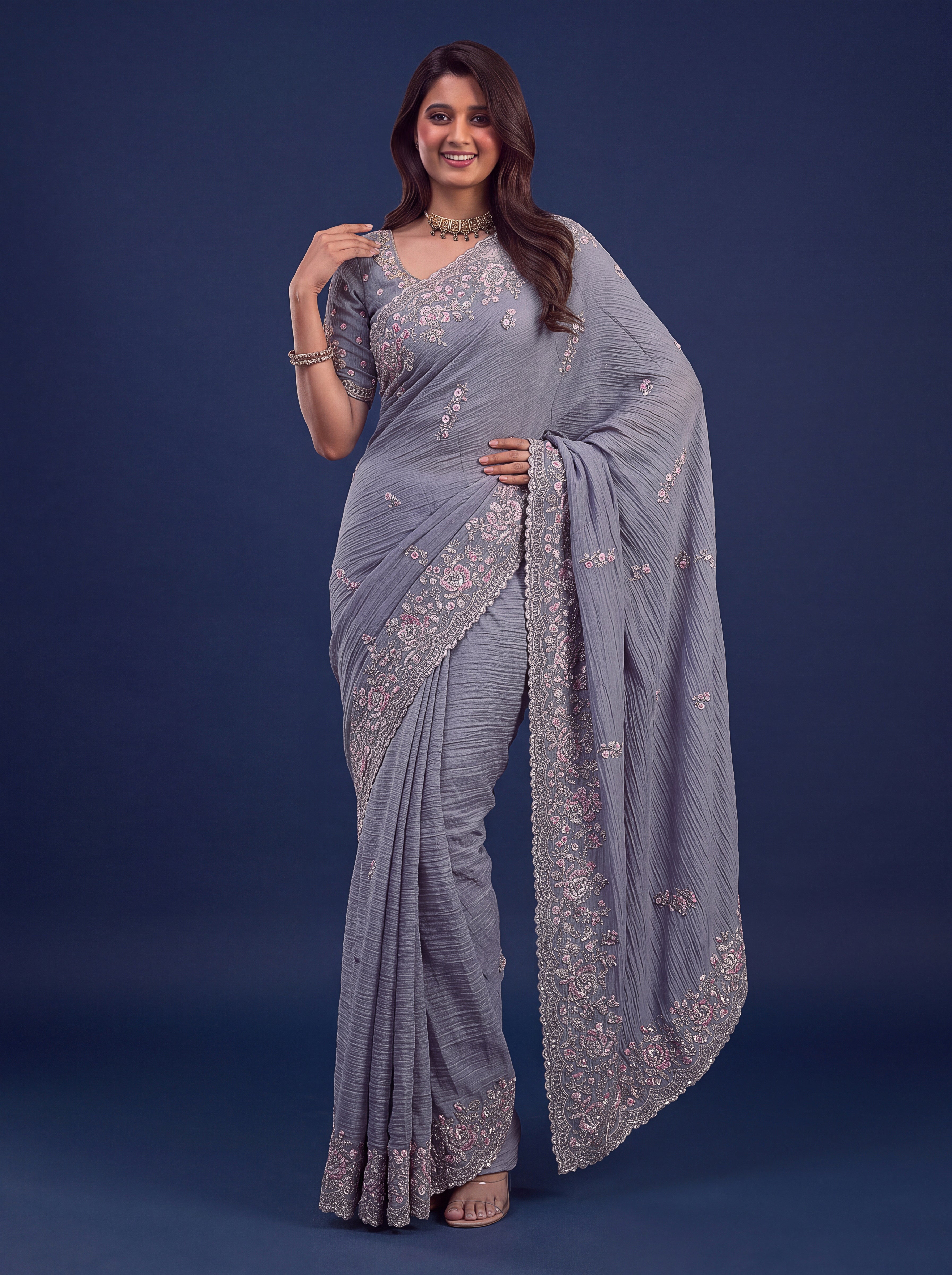 Silver Grey Designer Wedding Saree