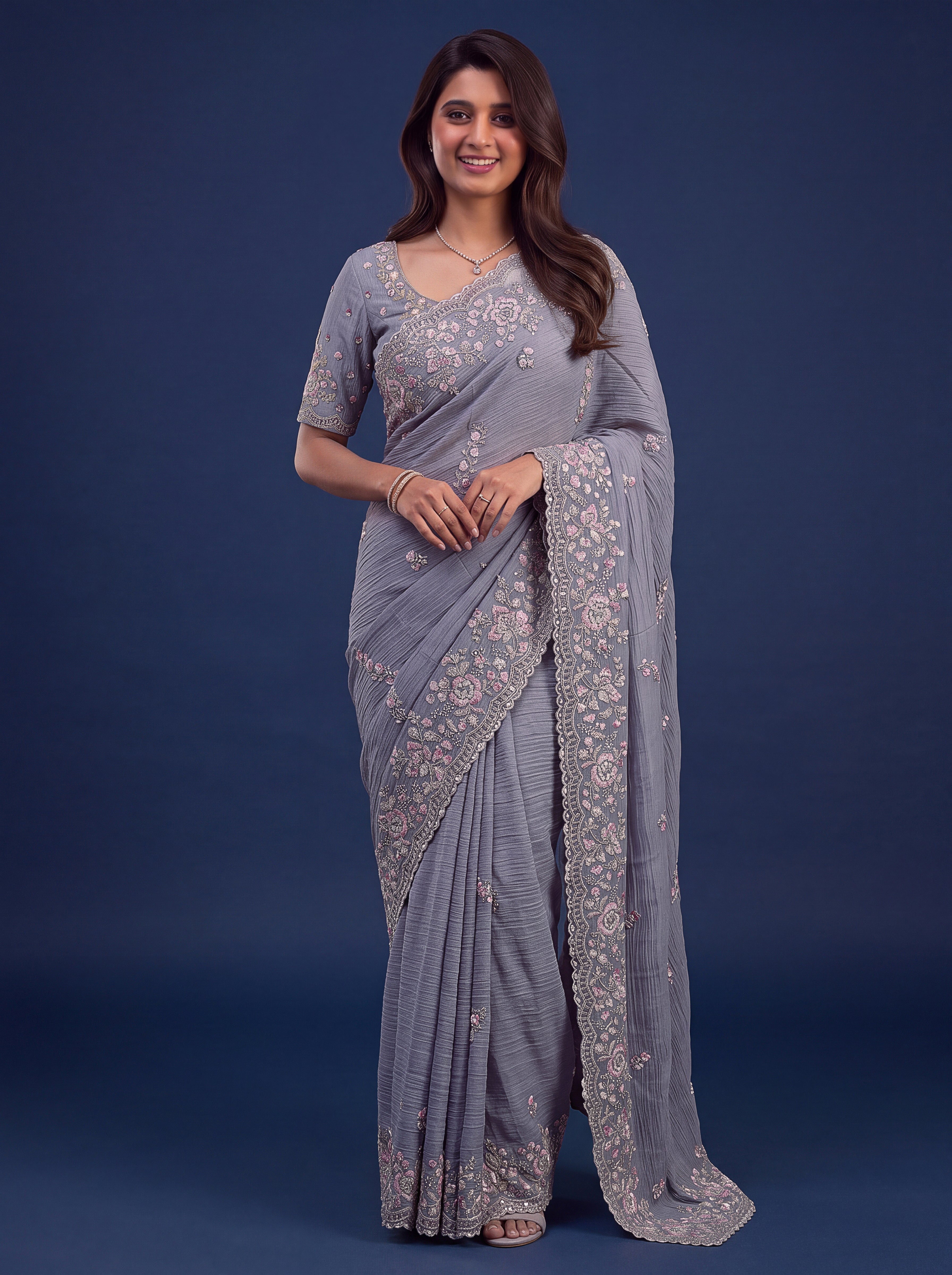 Silver Grey Designer Wedding Saree