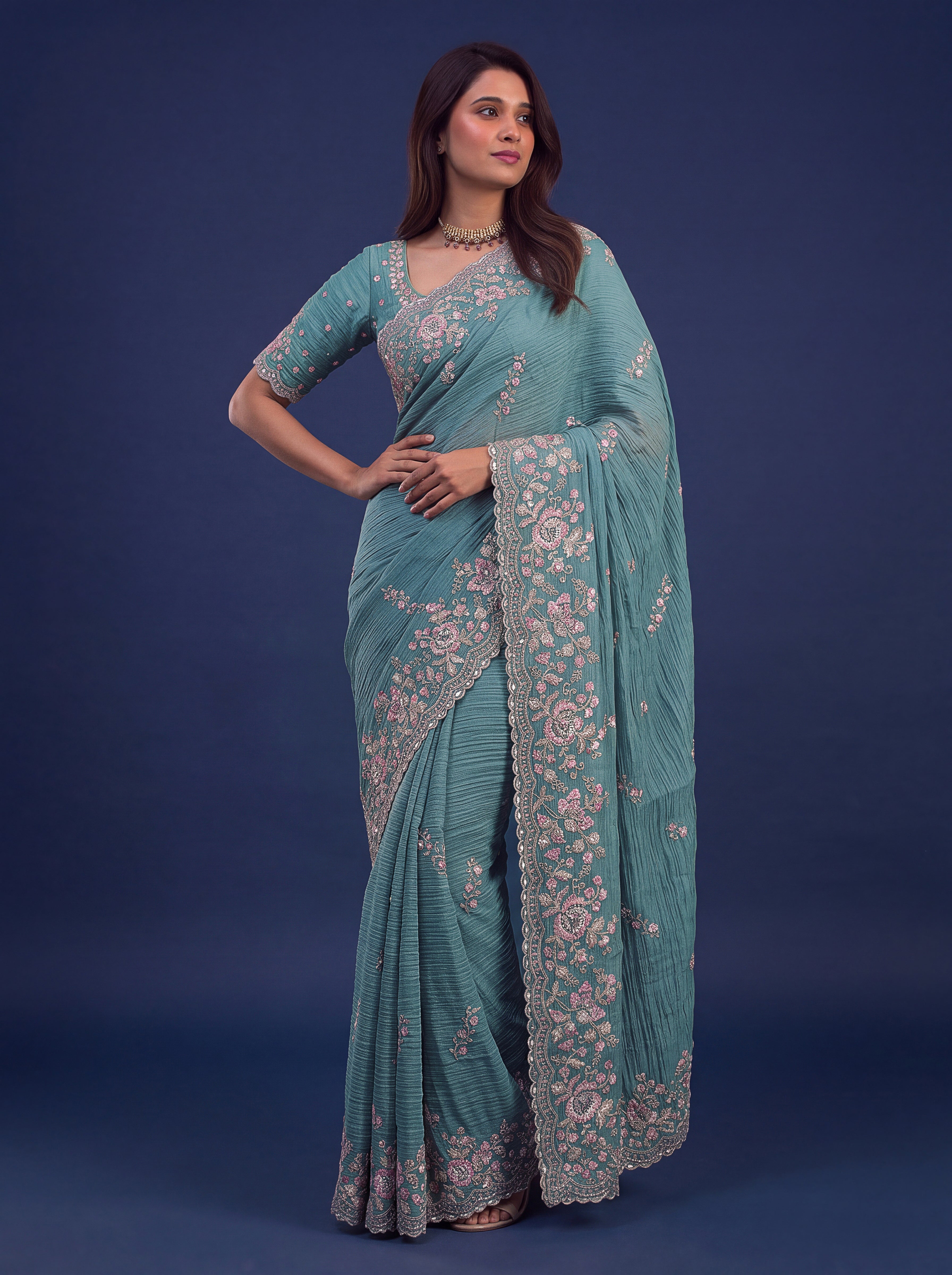 Teal Blue Designer Wedding Saree