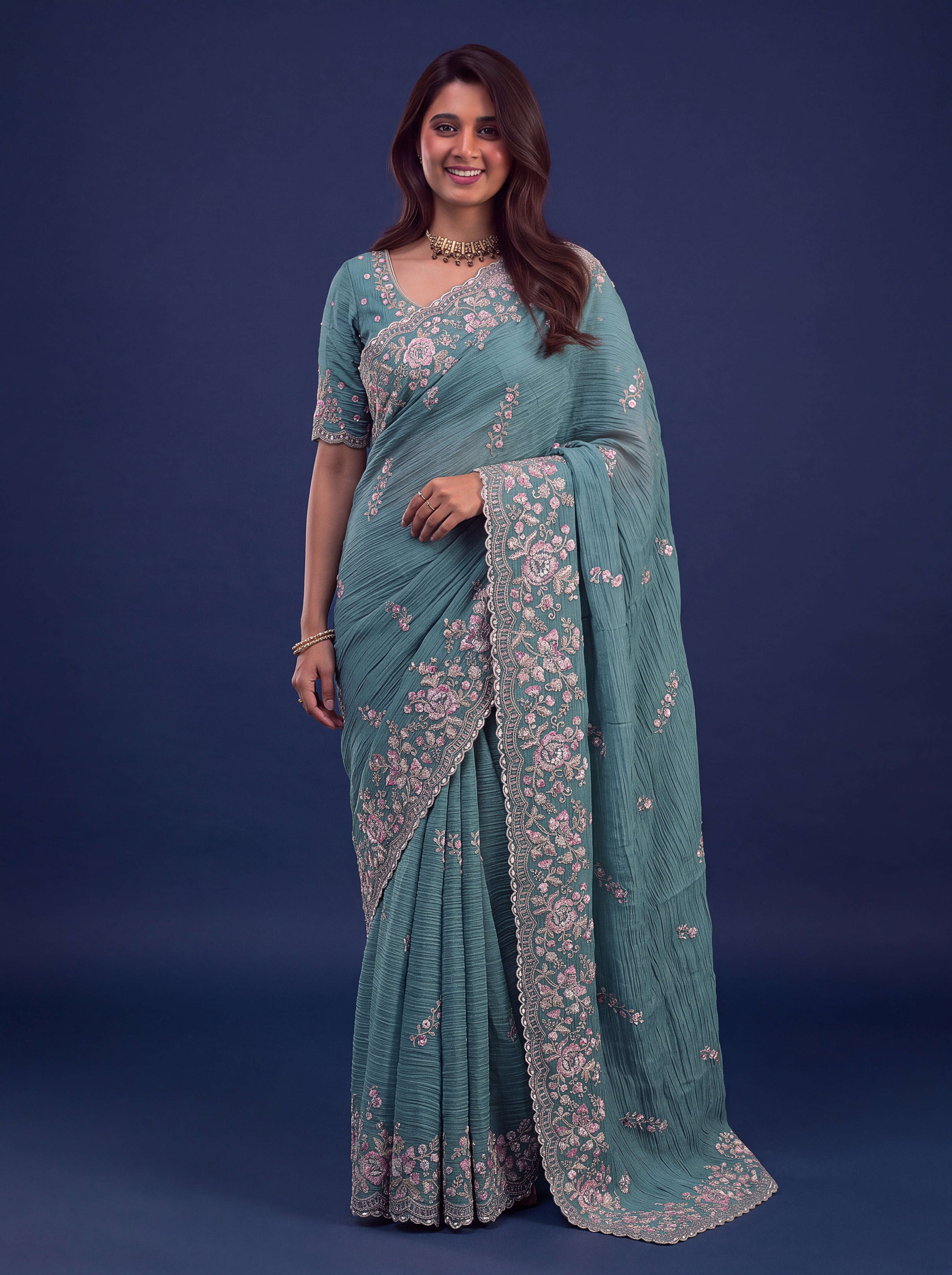 Teal Blue Designer Wedding Saree