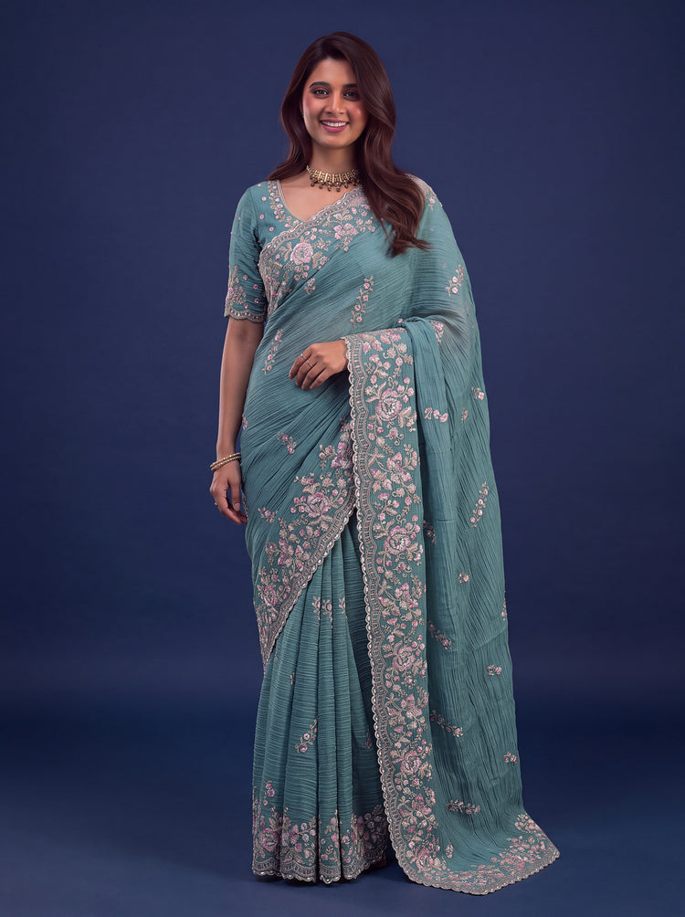 Teal Blue Designer Wedding Saree