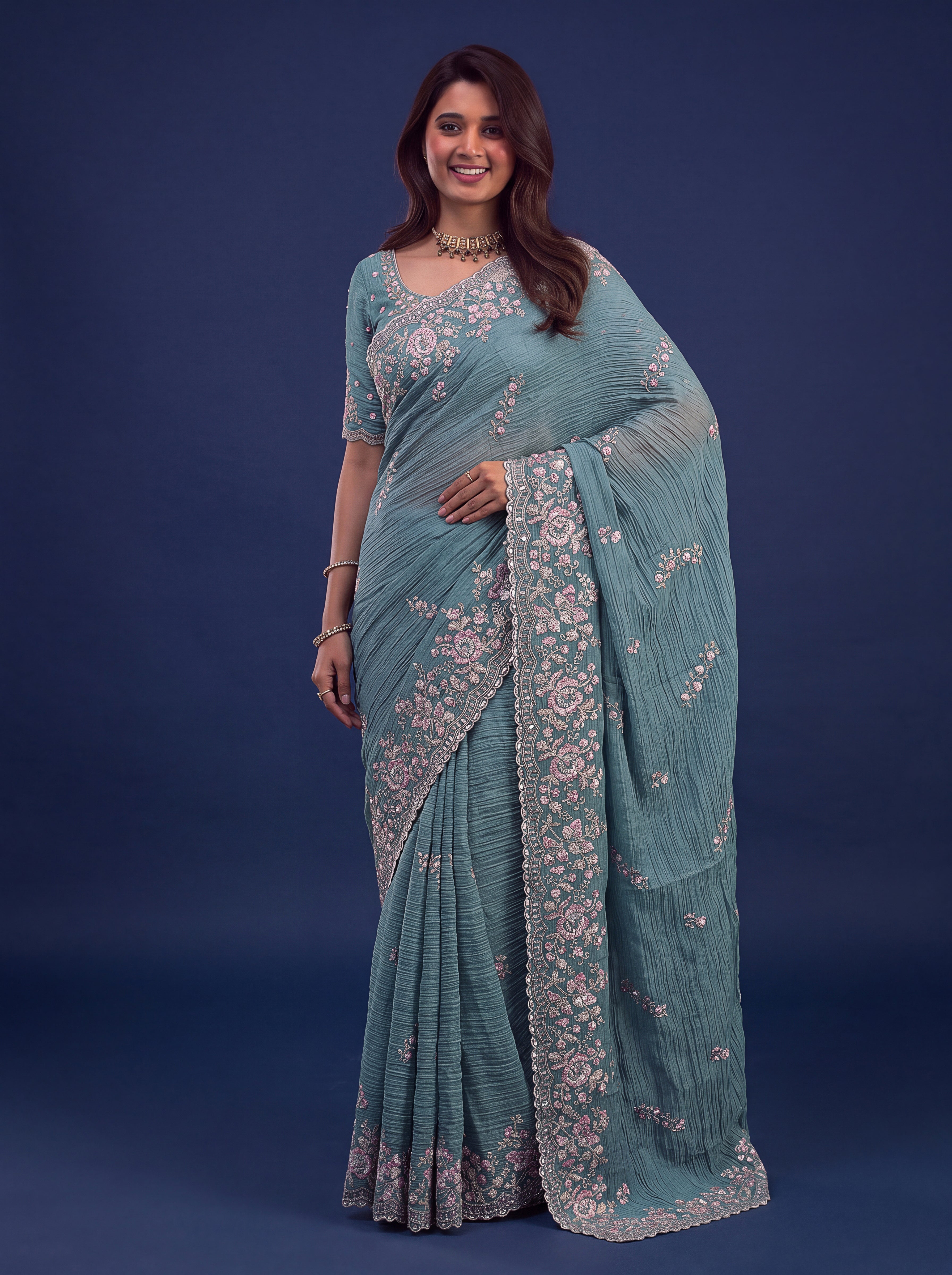 Teal Blue Designer Wedding Saree