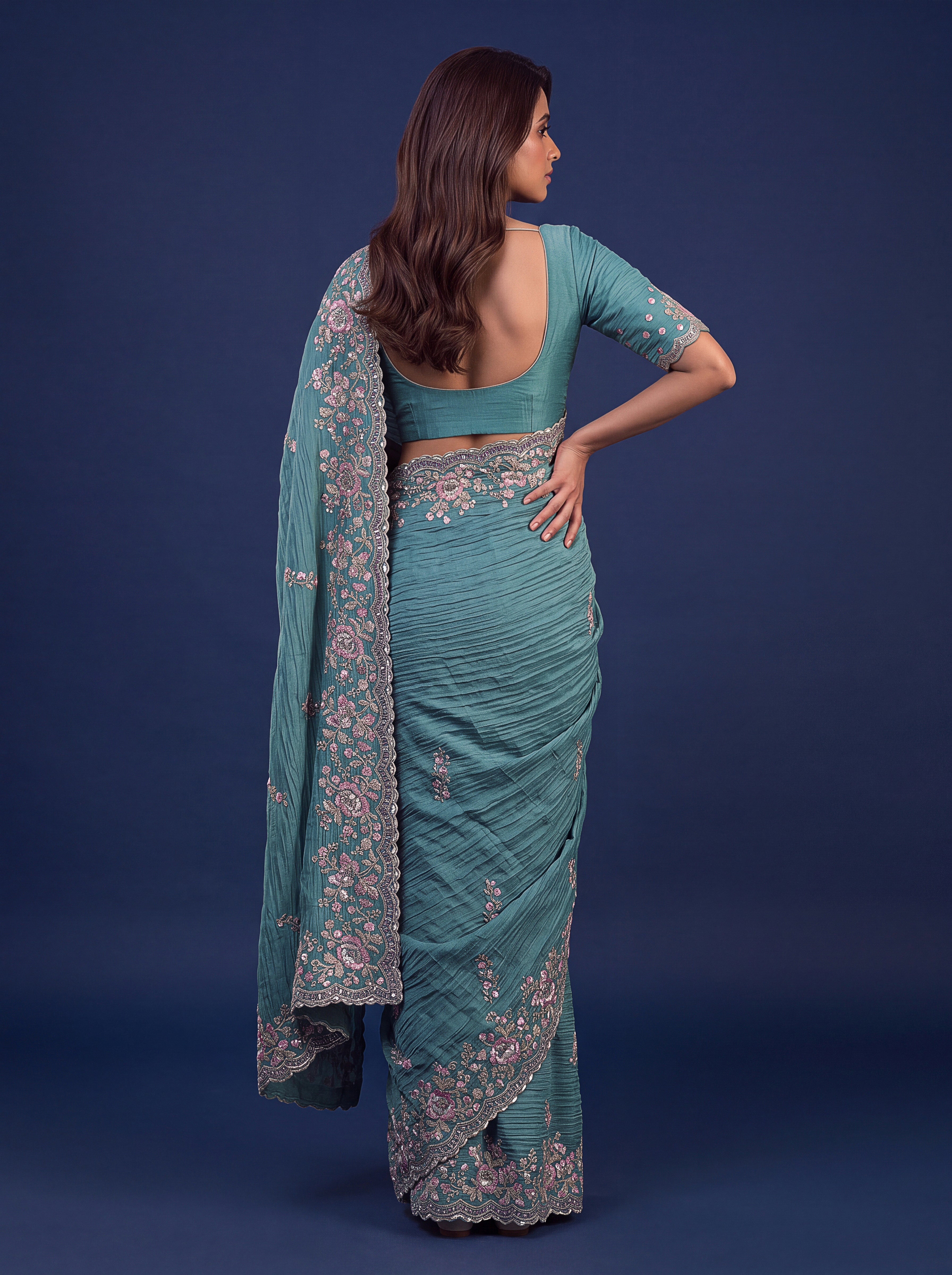 Teal Blue Designer Wedding Saree
