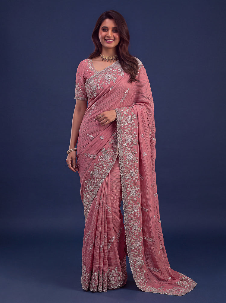 Rose Pink Designer Wedding Saree for Women, photo 4