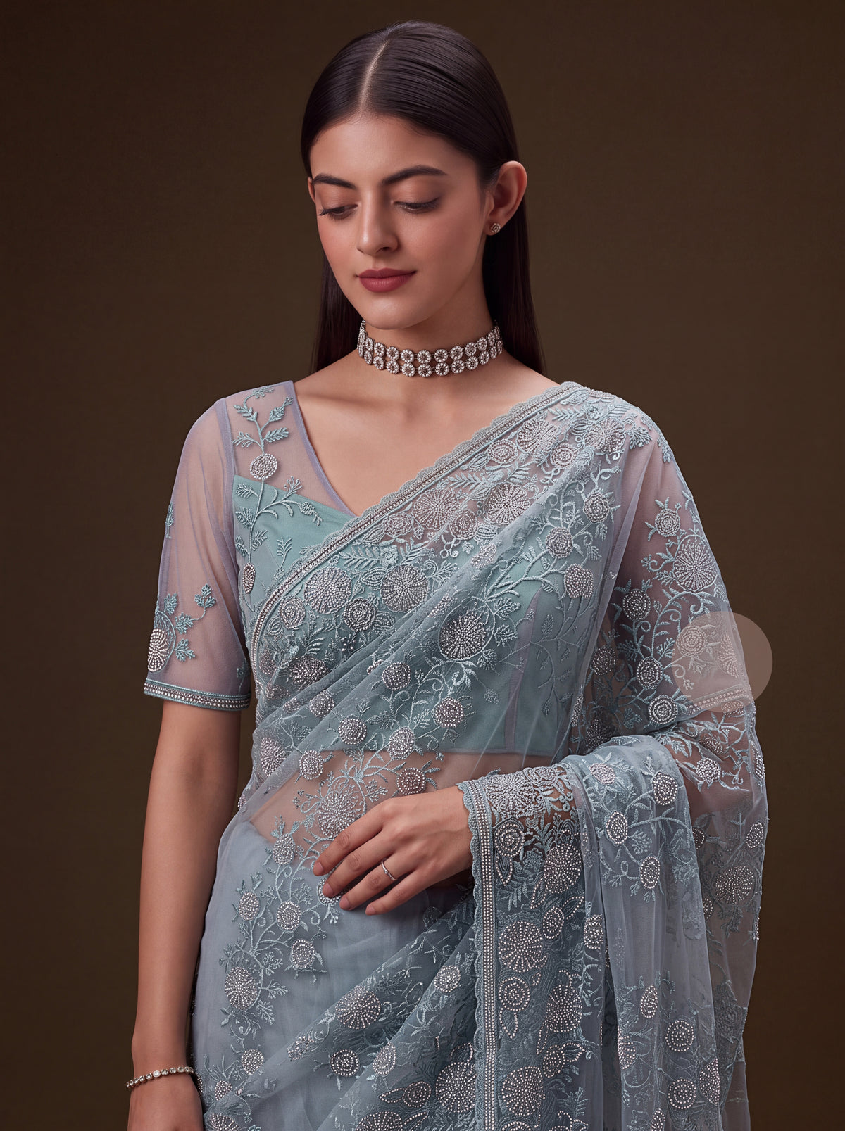 The Aabha Dusty Blue Embroidered Net Saree, photo 5