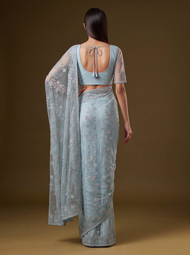 The Aabha Dusty Blue Embroidered Net Saree, photo 2