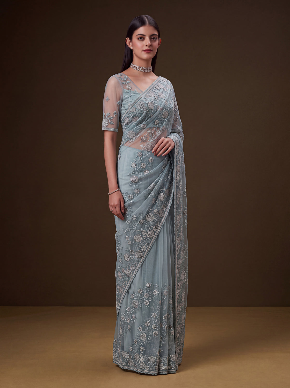 The Aabha Dusty Blue Embroidered Net Saree, photo 3