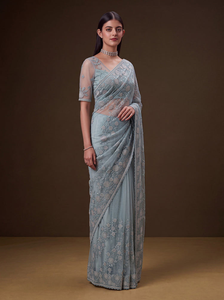 The Aabha Dusty Blue Embroidered Net Saree, photo 3