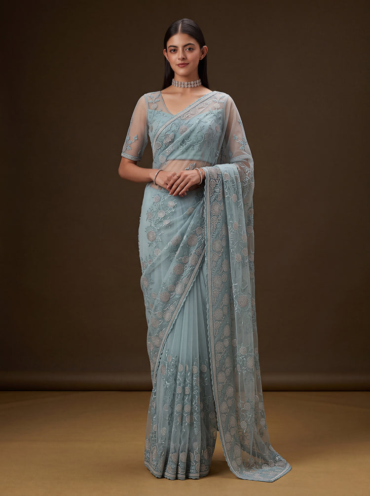 The Aabha Dusty Blue Embroidered Net Saree