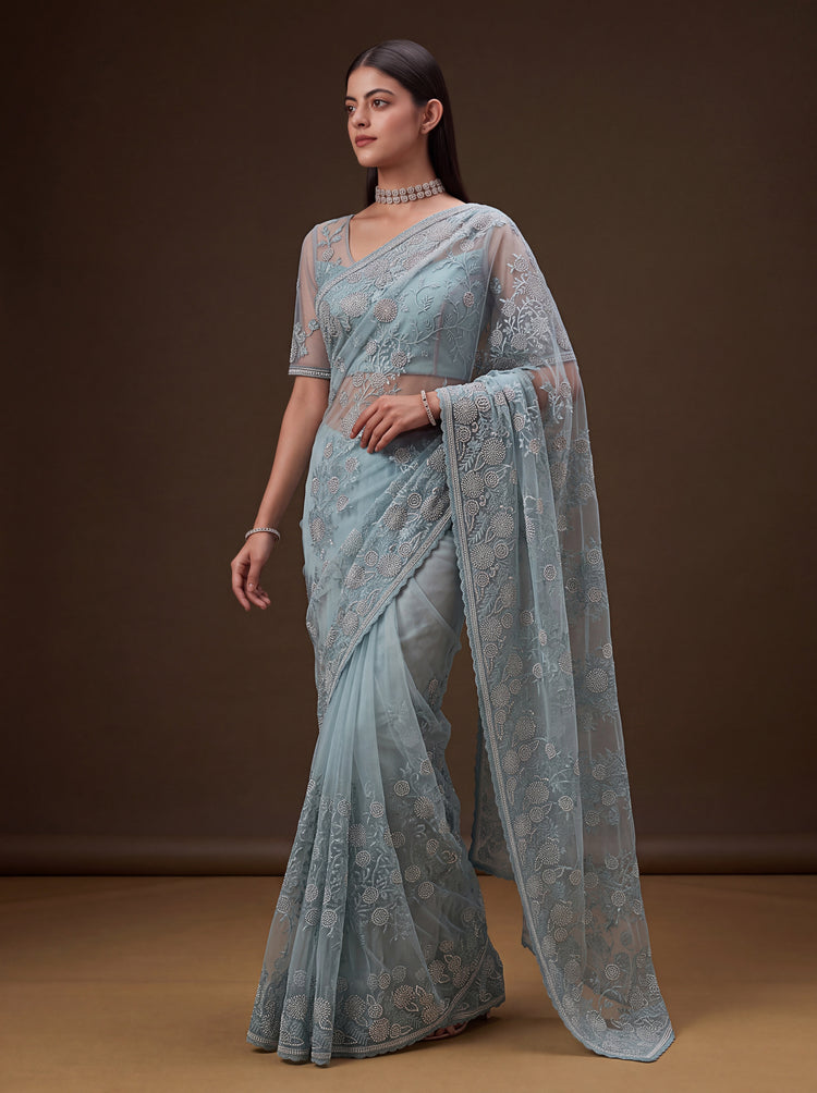 The Aabha Dusty Blue Embroidered Net Saree, photo 4